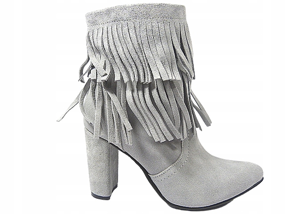 šedé kožené dámské kotníkové boty na podpatku s třásněmi na sloupku Gopol 39,5