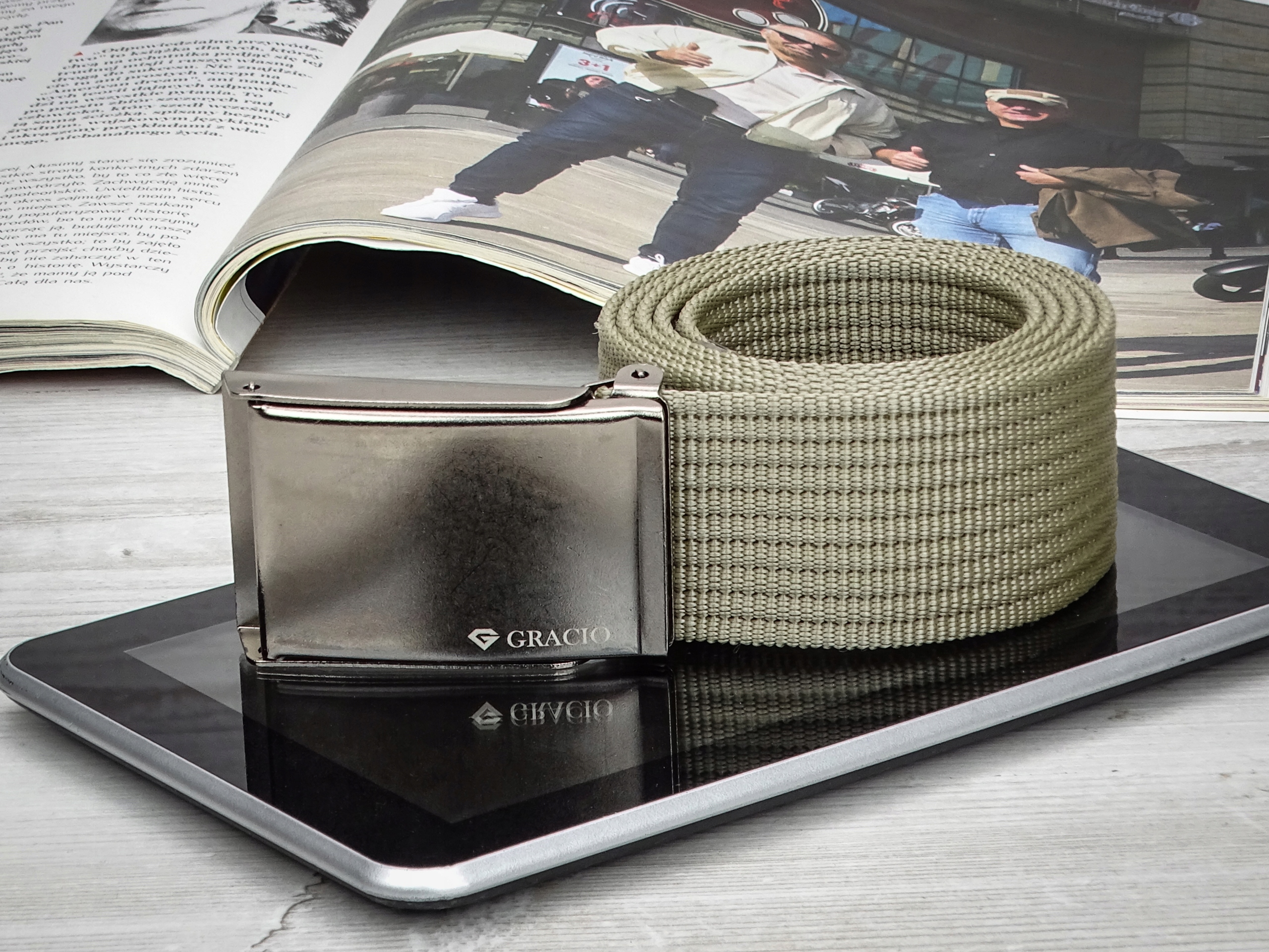 Parciany PASEK Męski KHAKI 155cm Klamra GRACIO Marka Gracio