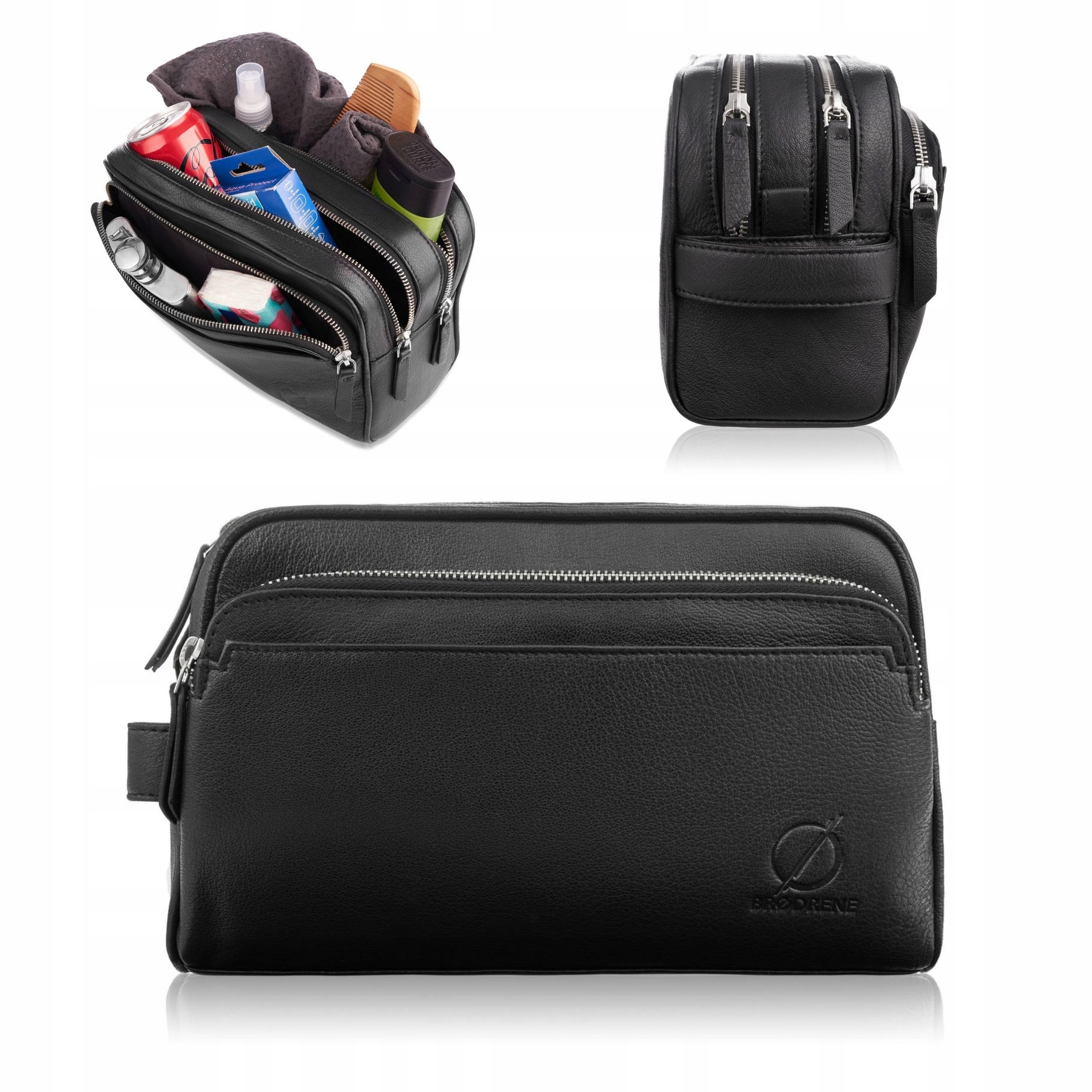 Kosmetyczka Męska Skórzana Kosmetyczka Podróżna Brodrene na Zamek Czarna
