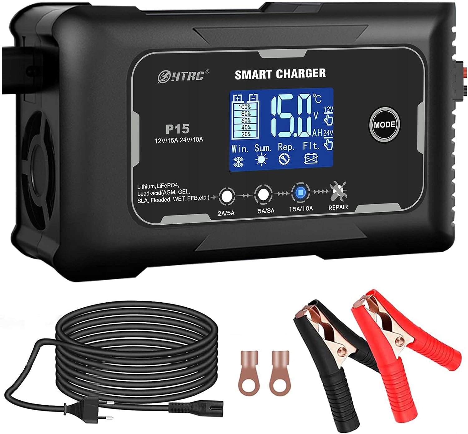 Prostownik Ładowarka Smart HTRC P15 12V/24V 15A LCD