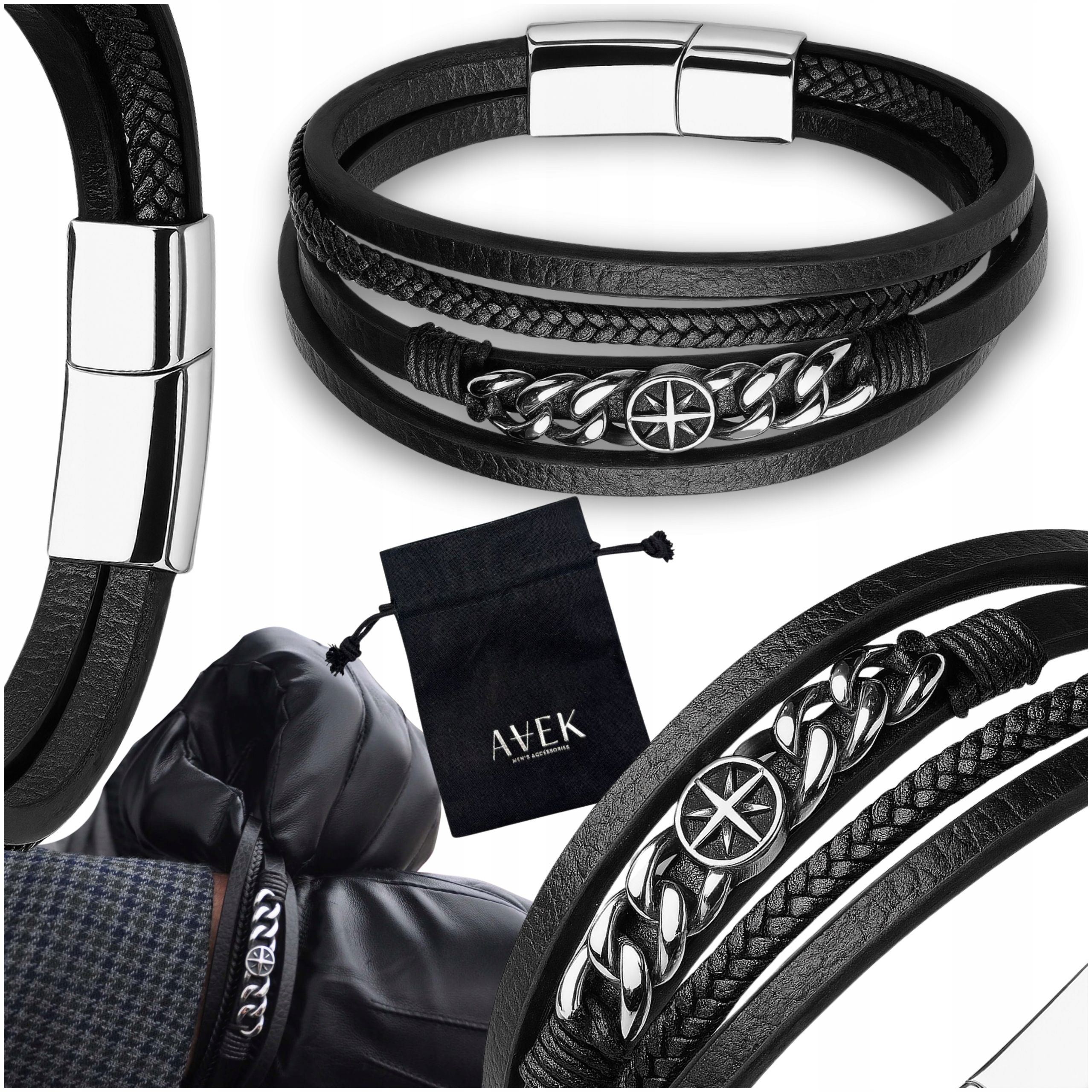 Pánský Náramek S Koženou Hvězdou, Černá Ocel Jako Dárek, Stříbrný, 21 CM