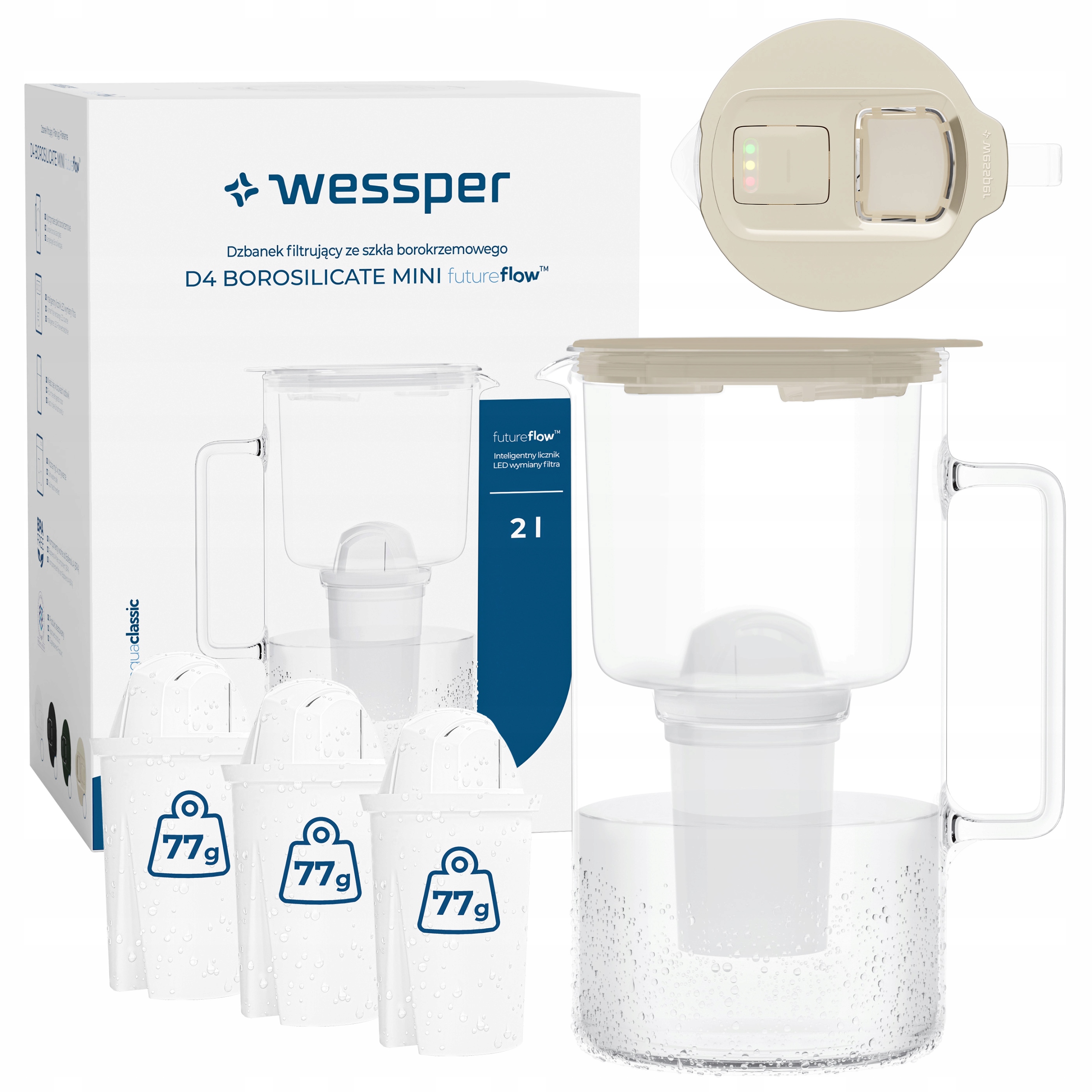 Wessper D4 Borosilicate Mini dzbanek filtrujący szklany 2l 4x filtr