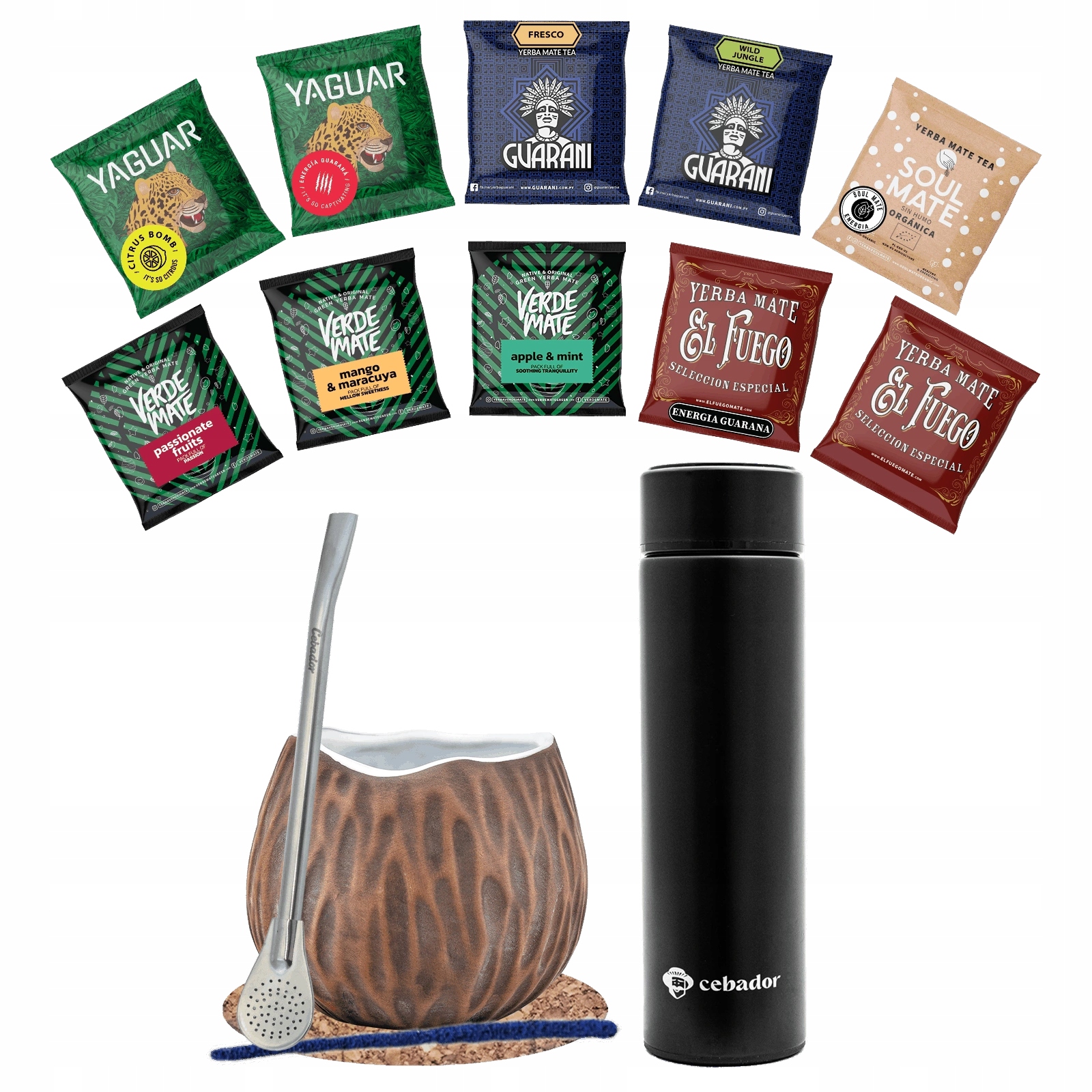 Zestaw Yerba Mate Próbki 10x50g Termos Led, Tykwa i Bombilla 500g