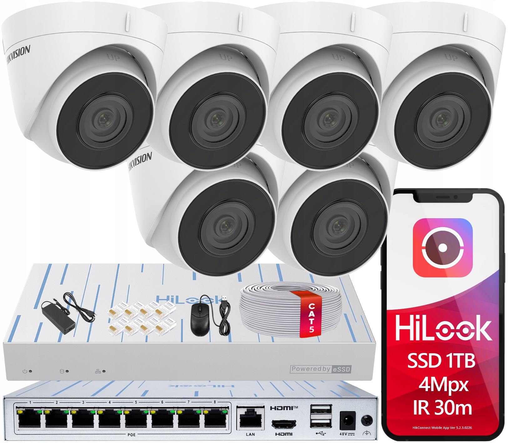 Sada na monitorovanie Ip 6 kamier 4Mpx Hikvision IPCAM-T4 Ssd rekordér 1TB