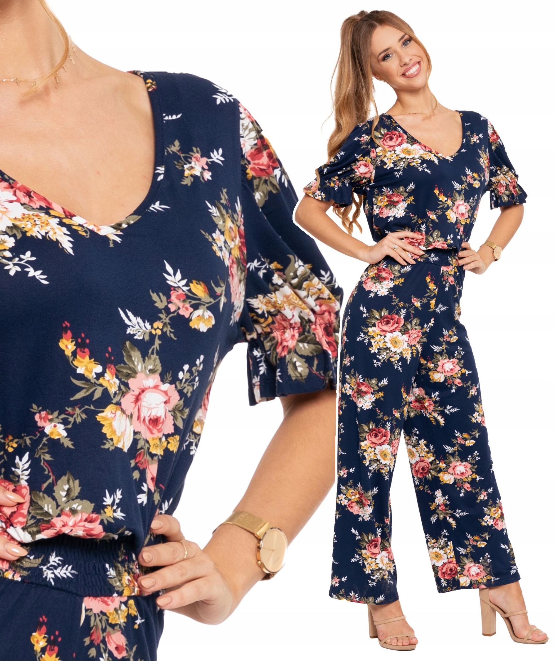 KOMBINEZON DAMSKI Letni Długie Szerokie Spodnie Wygodny w Kwiaty MORAJ L