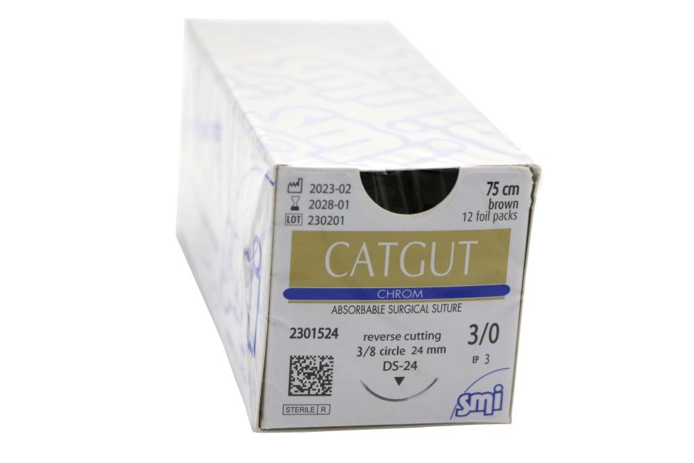 Catgut chromowany w saszetkach, 3/8 koła, 12 szt Usp: 3/0 Ds 24 mm