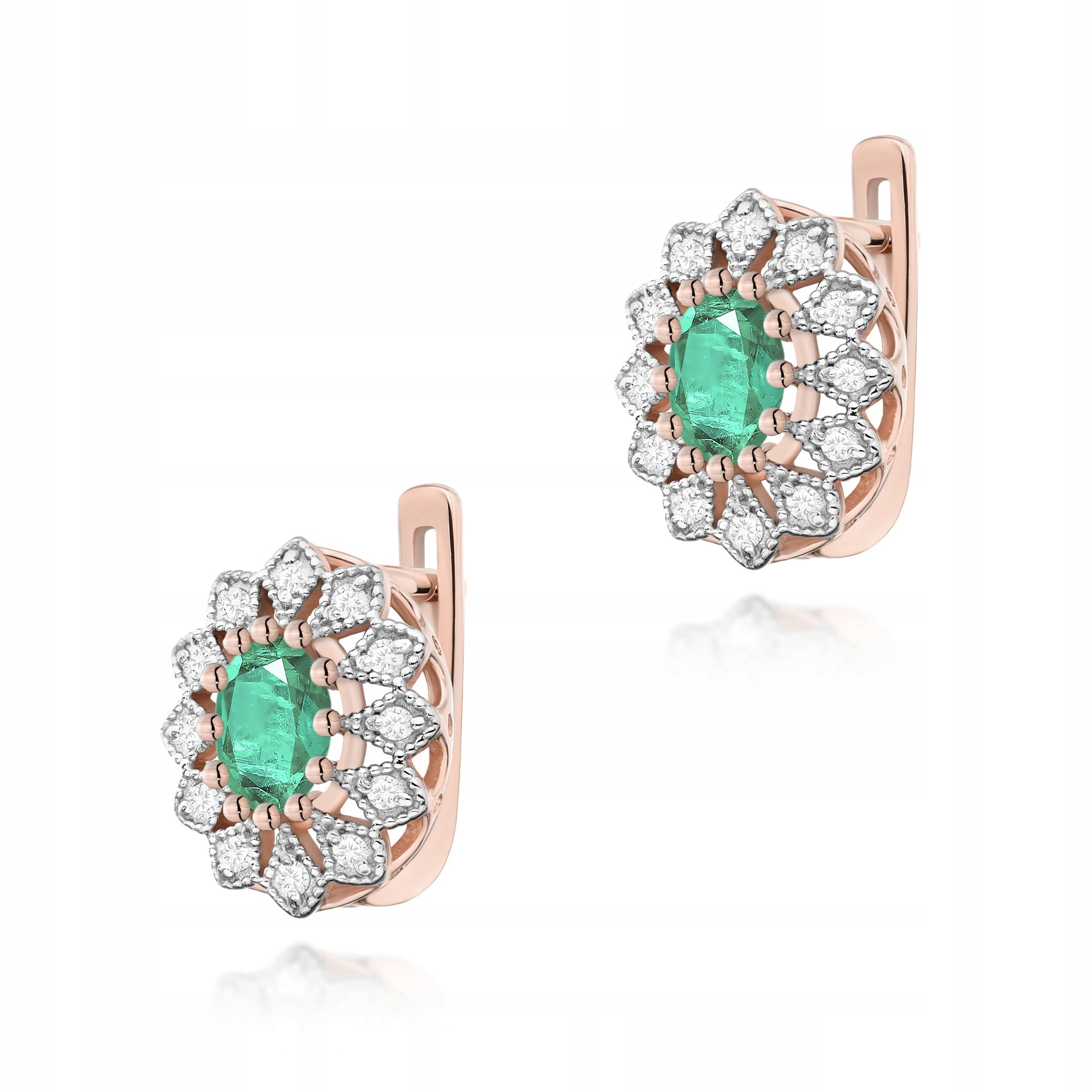 Elegantní náušnice z růžového zlata 585 s diamanty a smaragdem 4 g