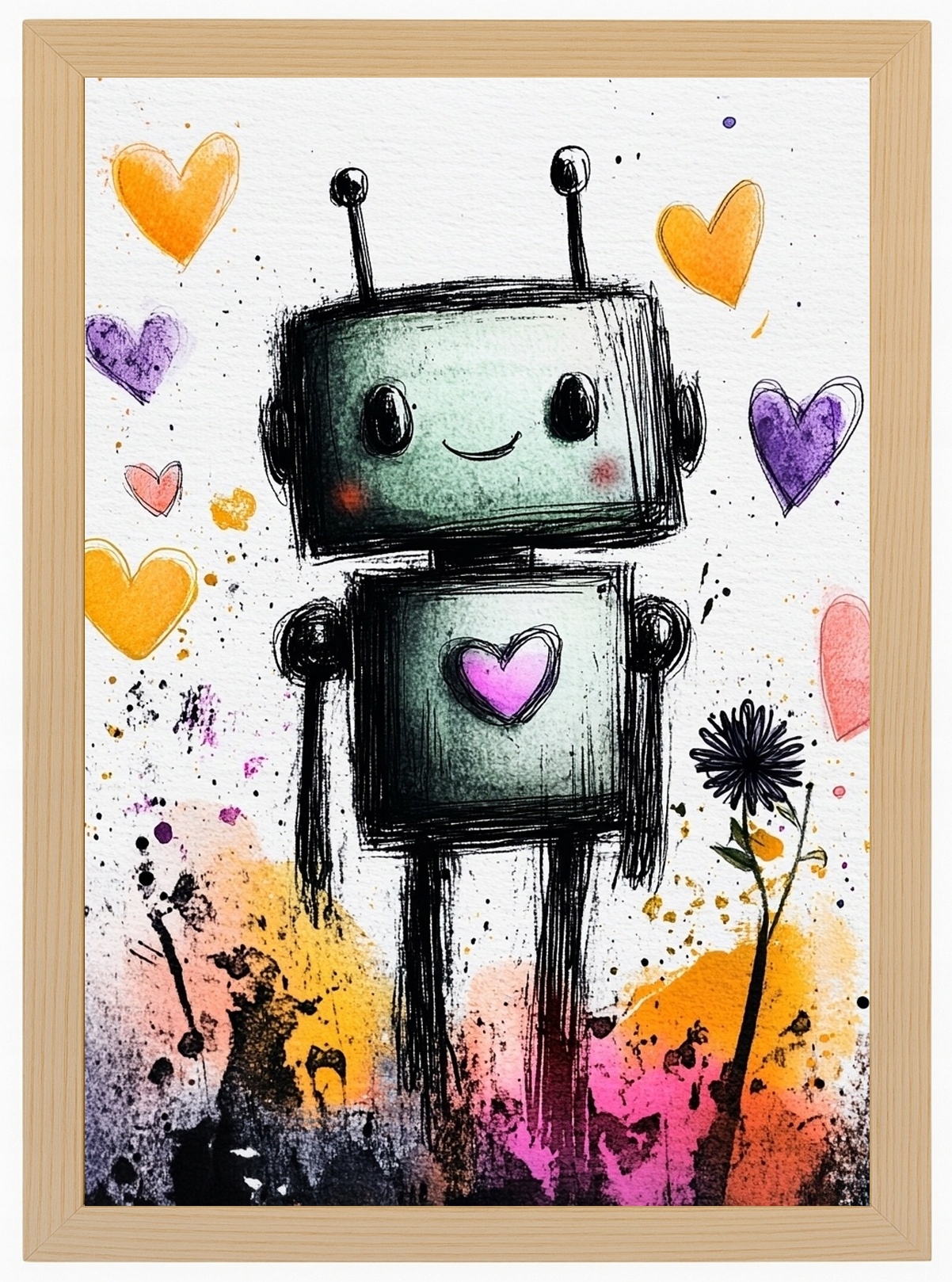 Plakát Rámeček Dřevo Grafika Portrét Robot Android Srdíčko 60x80