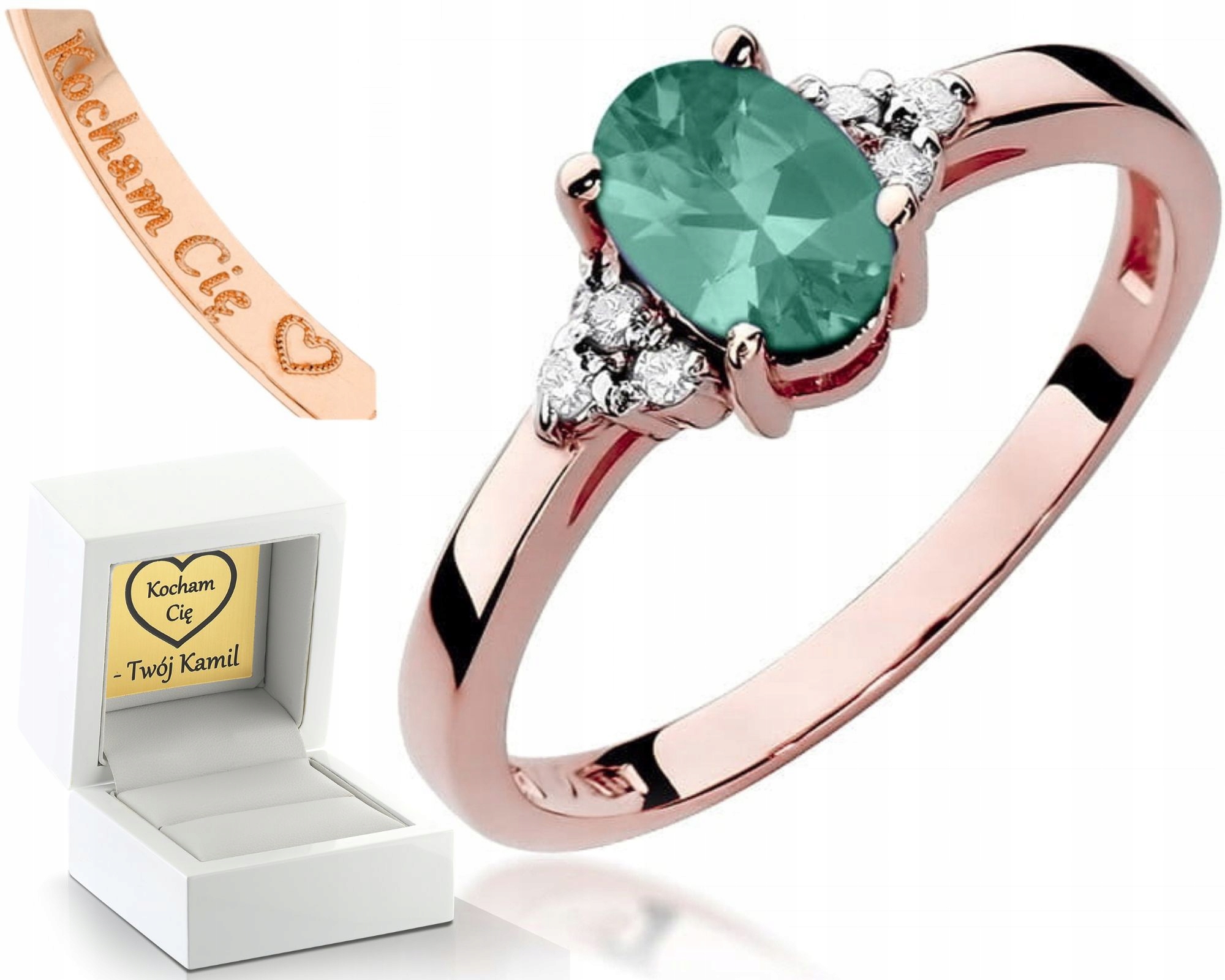 Zásnubní Prstýnek Smaragd A Diamanty Růžové Zlato Gravírování 585 Bonus