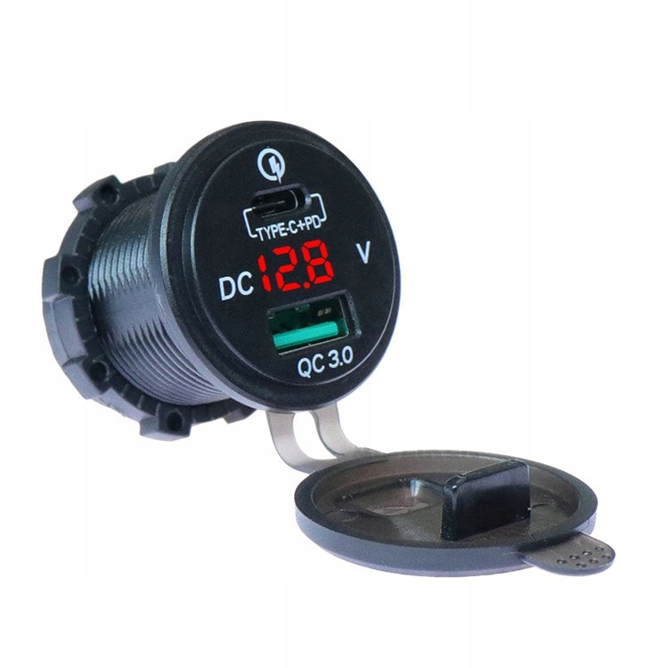 ŁADOWARKA USB-C QC 3.0 PD WOLTOMIERZ CZERWONY 36W DO ZABUDOWY QUICK CHARGE