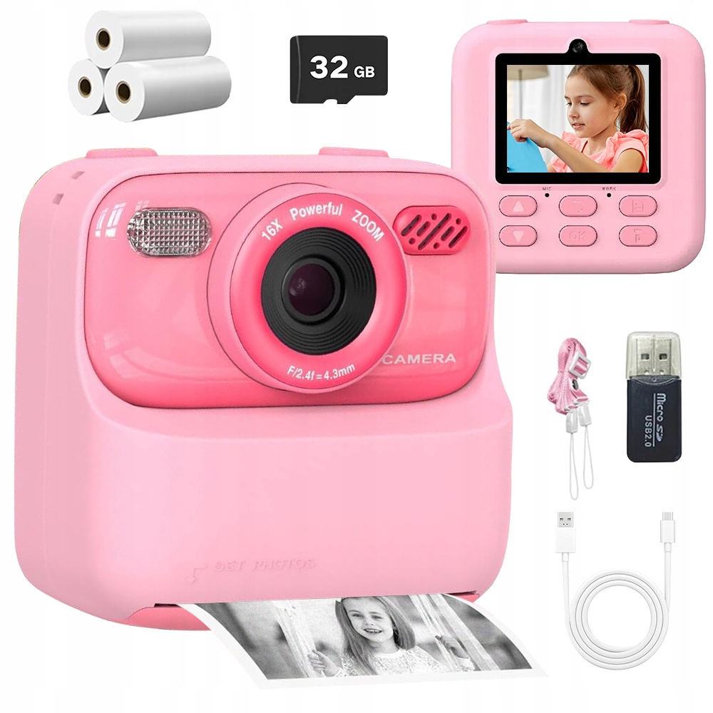 Dětský Fotoaparát Tiskárna Okamžitý Výtisk Karta 32GB MP3 Obrazovka 2.4