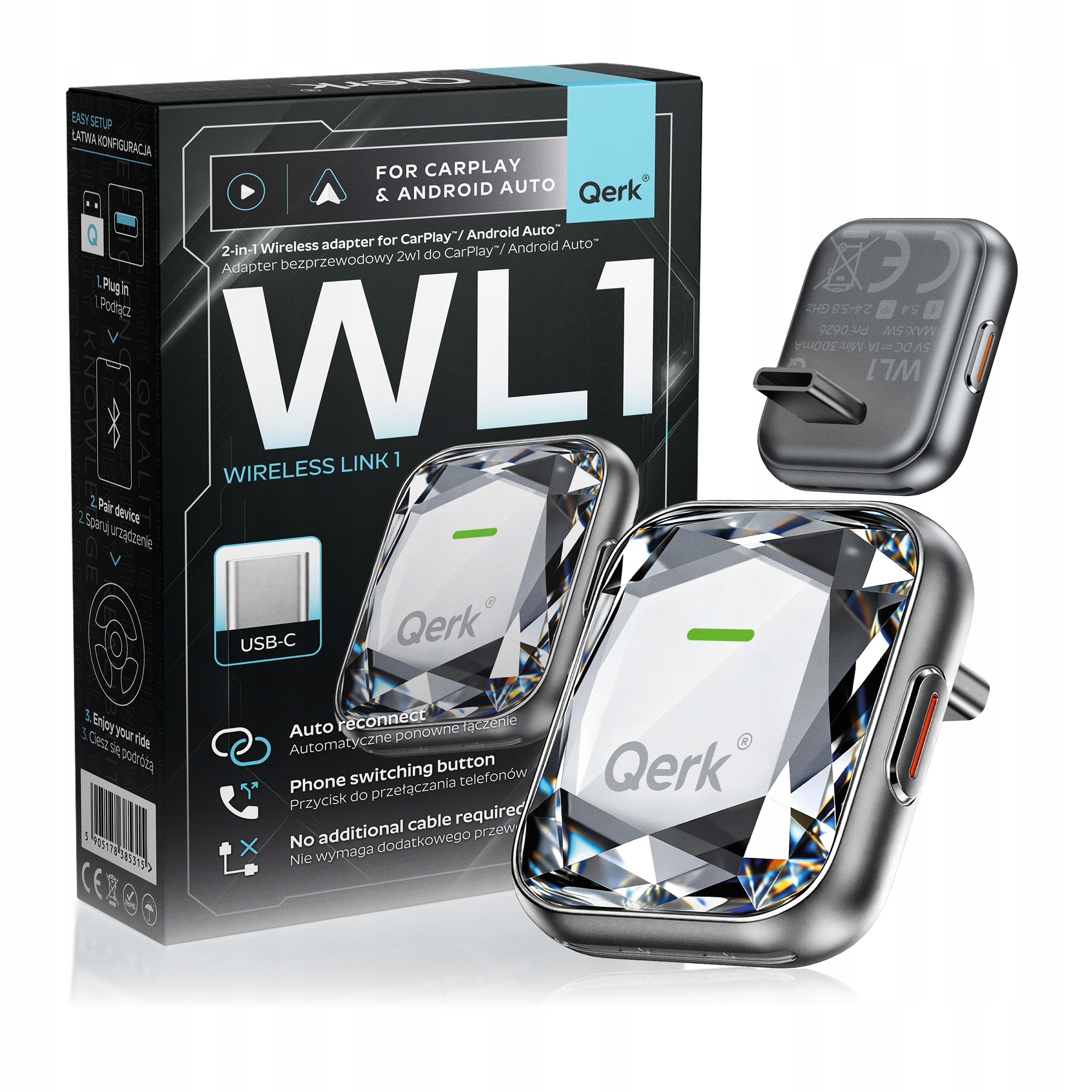 Bezdrátový adaptér pro CarPlay Android Auto Usb C Wifi Bt Slim Qerk WL1-C