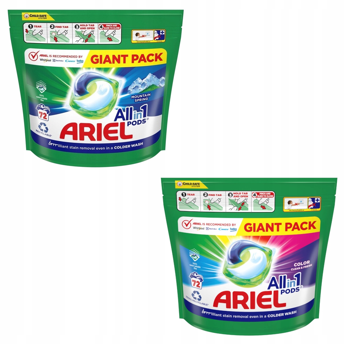 Levně Kapsle na praní MIX Ariel All-in-1 Pods bílá barva 2x 72 ks