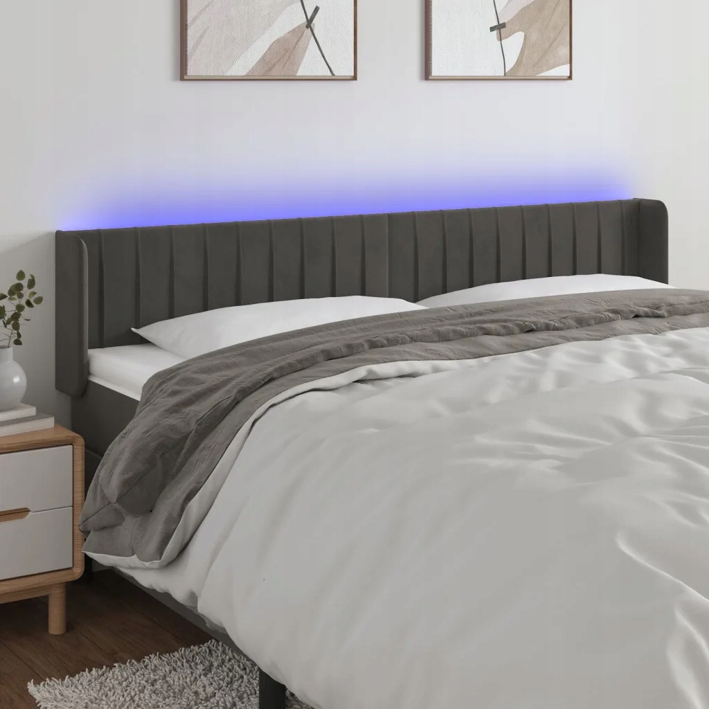 Čelo postele s Led tmavě šedé 203 x 16 x 78/88 cm samet Šedá 3123541