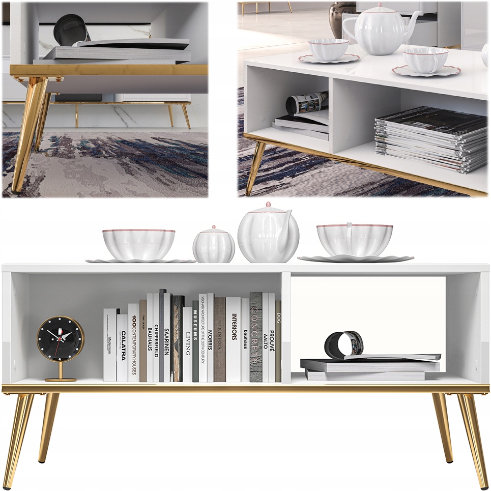 Stolik Kawowy Ława Kawowa 60x90 cm Glamour Biały Złoty Goldin 08 ML Meble