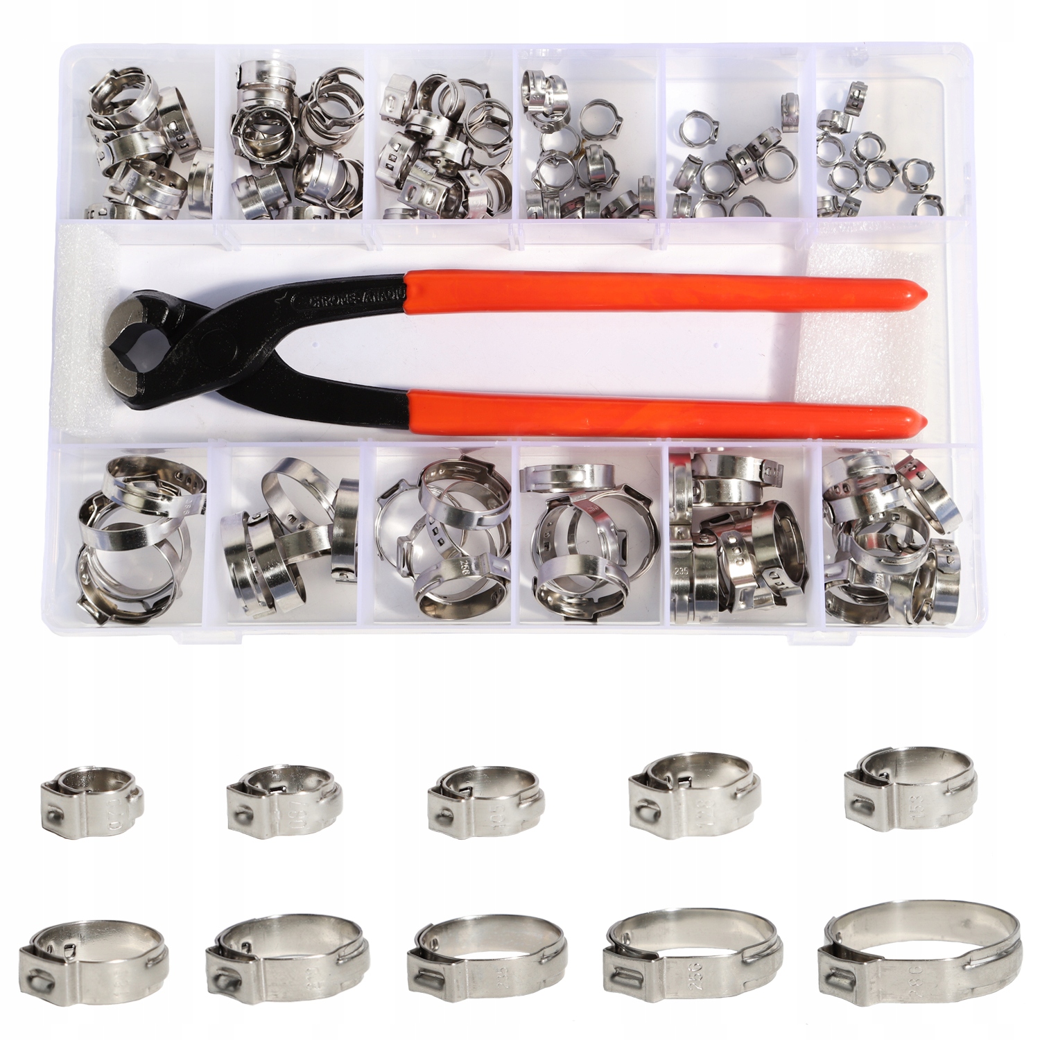 zaciski do węży z pojedynczym uchem ze stali nierdzewnej, 6-28.6mm 115sztuk