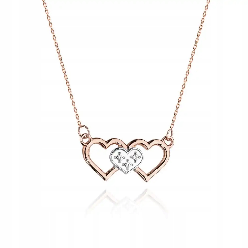 Náhrdelník z růžového zlata 585 rámečky srdcí s brilianty srdíčka 1.2 g