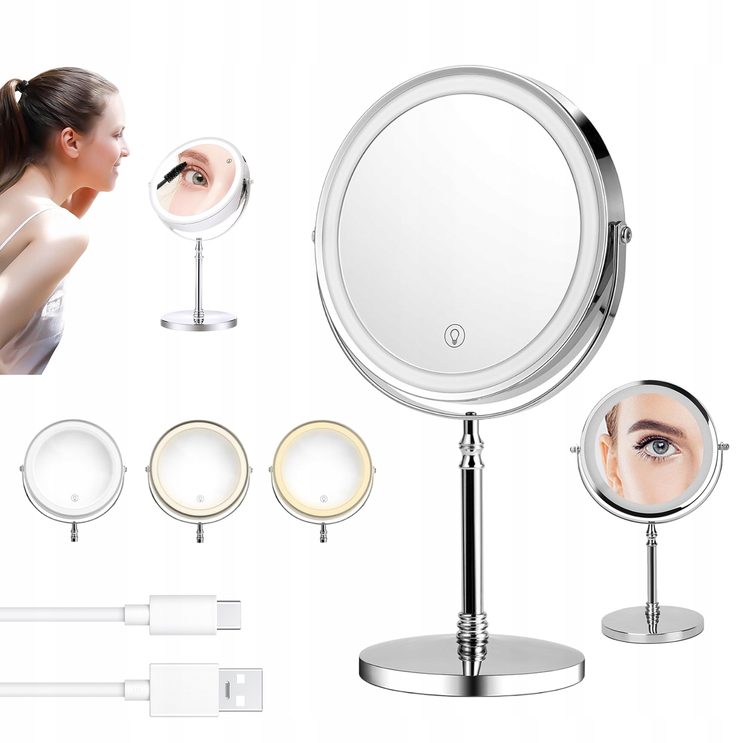 Make-up Zrcátko S Led Podsvícením A Dotykovým Ovládáním 360 Stupňů