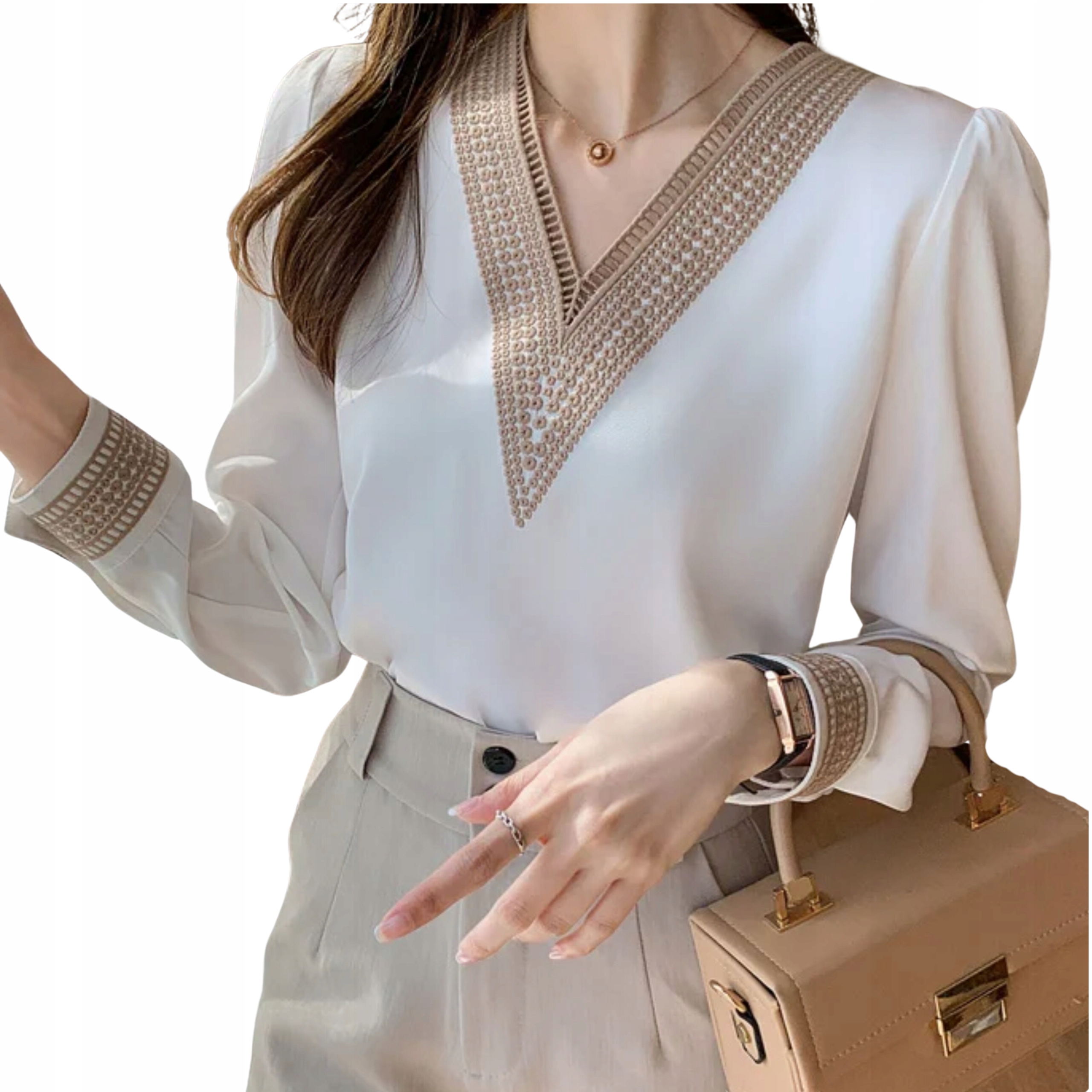 Bluzka damska luźna klasyczna dekolt w V zdobione mankiety do pracy biała