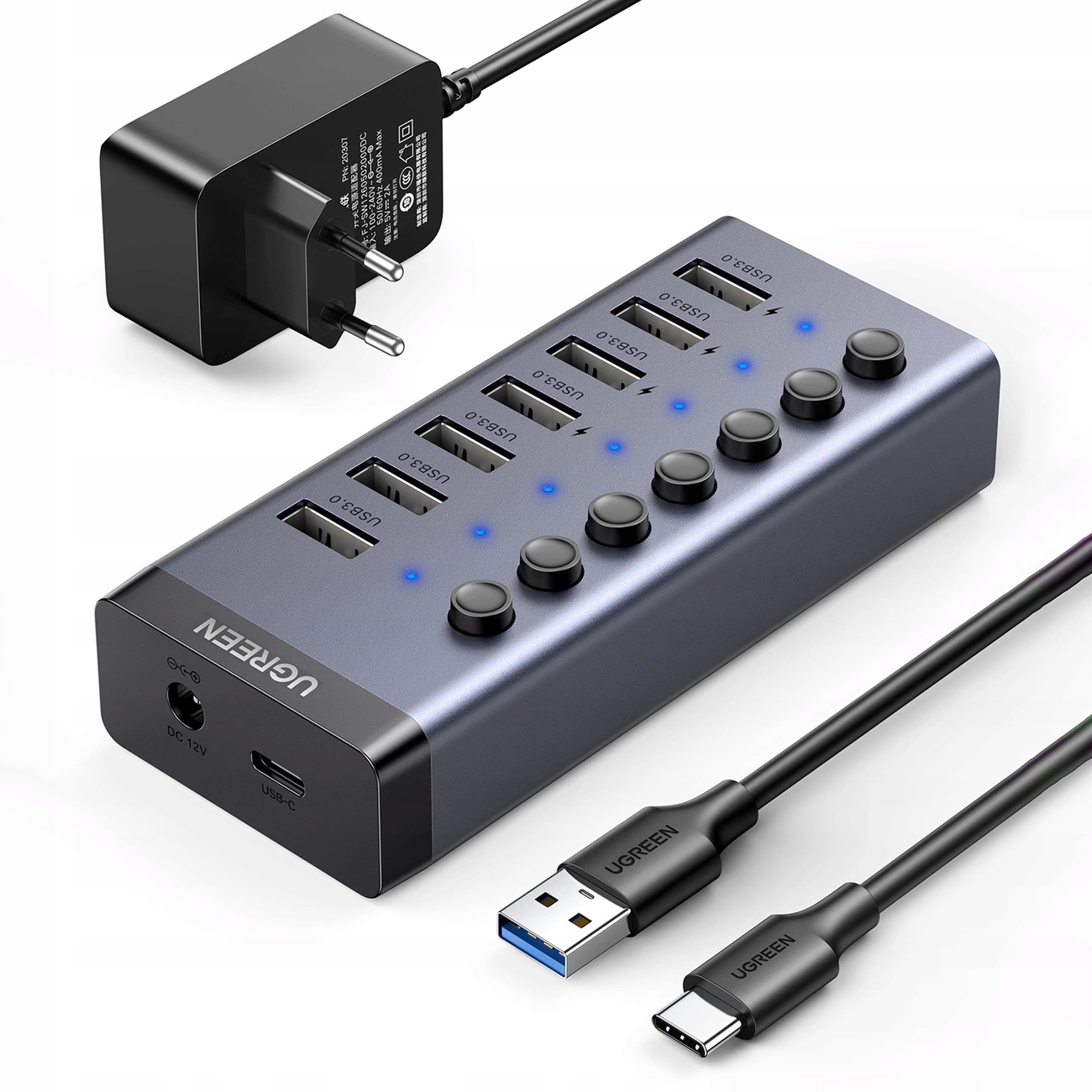 Hub Ugreen 7v1 Usb-c, 7x Usb-a 3.0 12V 2A CM481 (černý)