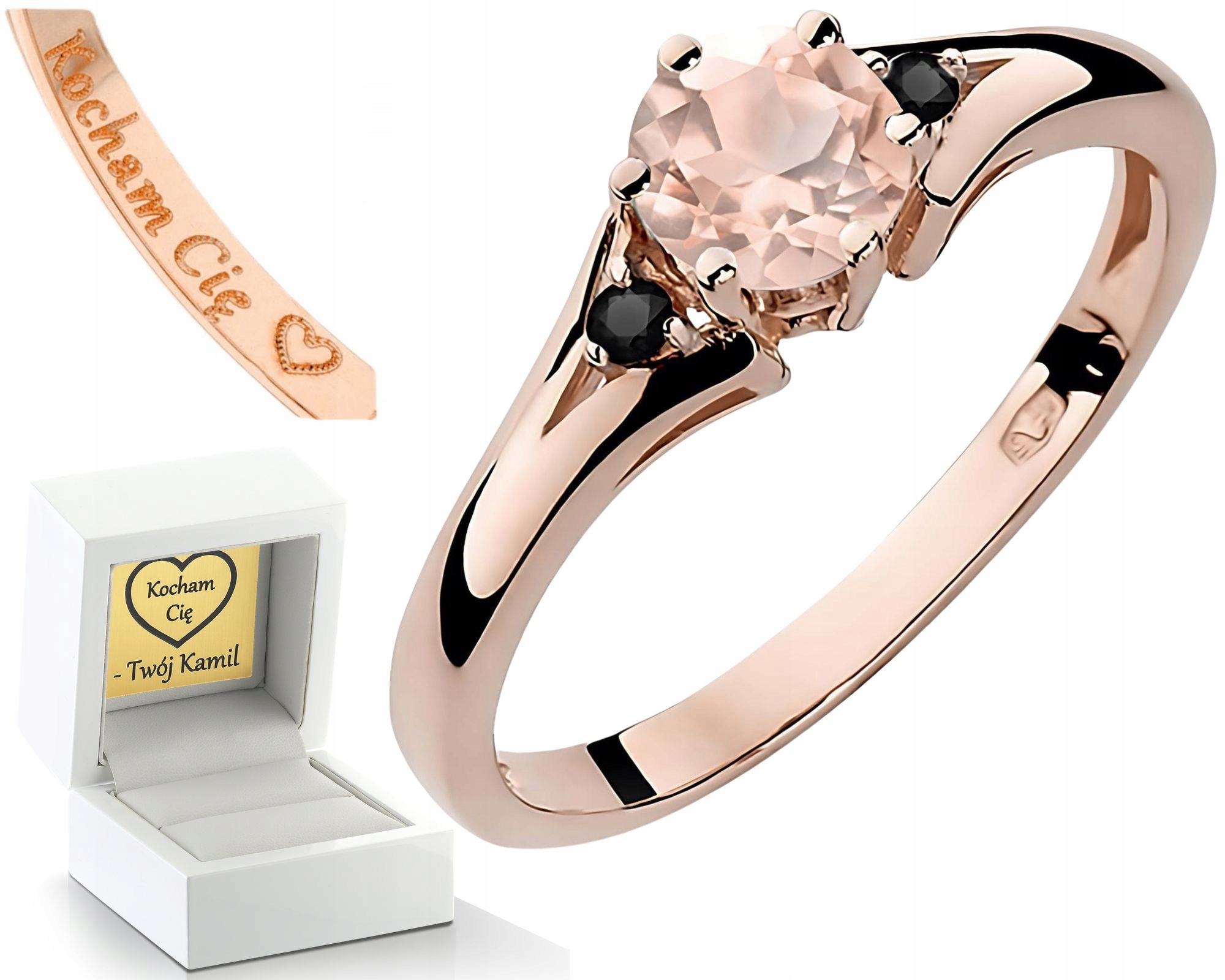 Růžový Zlatý Prstýnek S Morganitem, Černými Diamanty, Gravírování 585, Dárek Gravírování