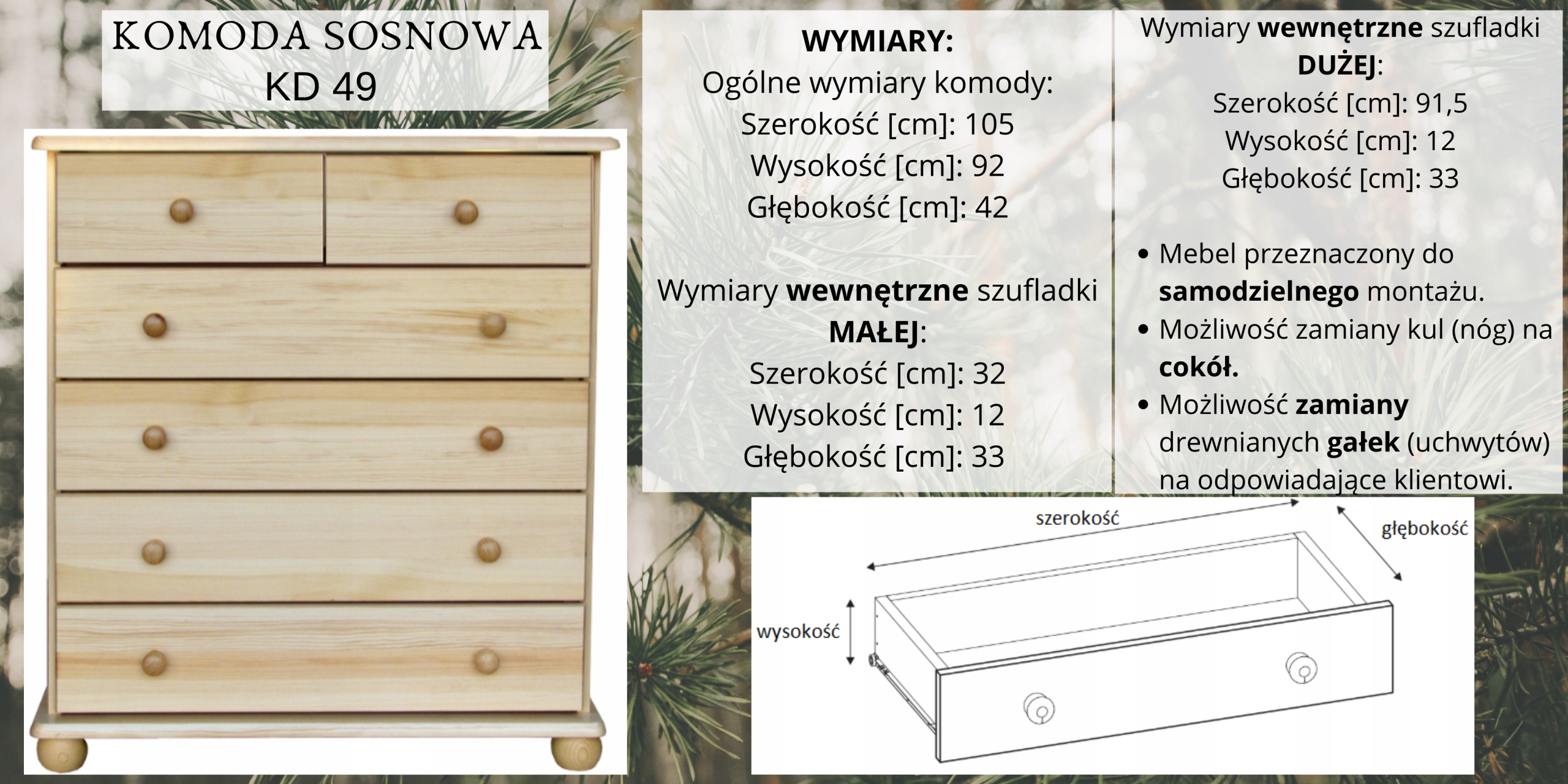 Komoda 49 z litego drewna sosnowego 105x42x92 Prod Marka Dremax