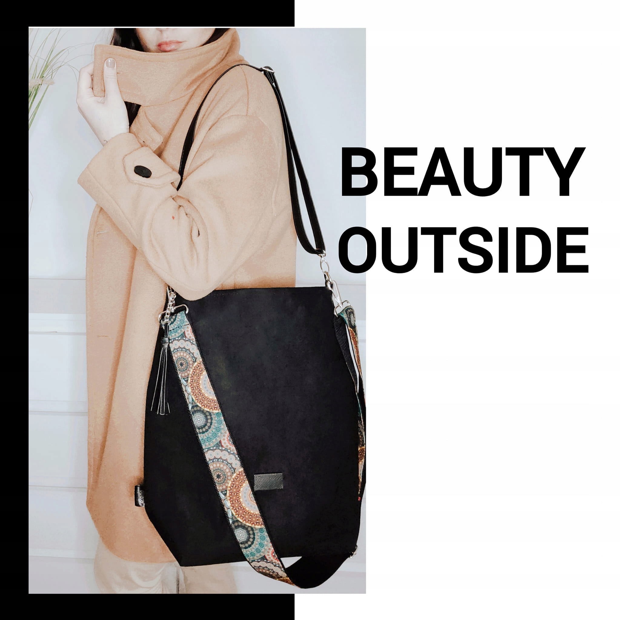 Torebka Torba A4 WOREK SHOPPER ZAMSZ PLUSZ CZARNA Kolor okuć srebrny