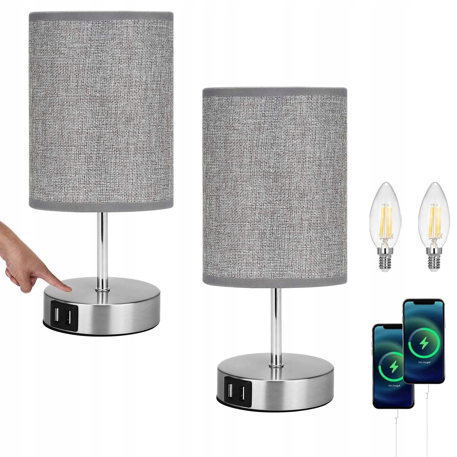 Lampka Nocna Biurkowa 2szt Dotykowa Ściemniana Lampa Stołowa Led E14 Abażur