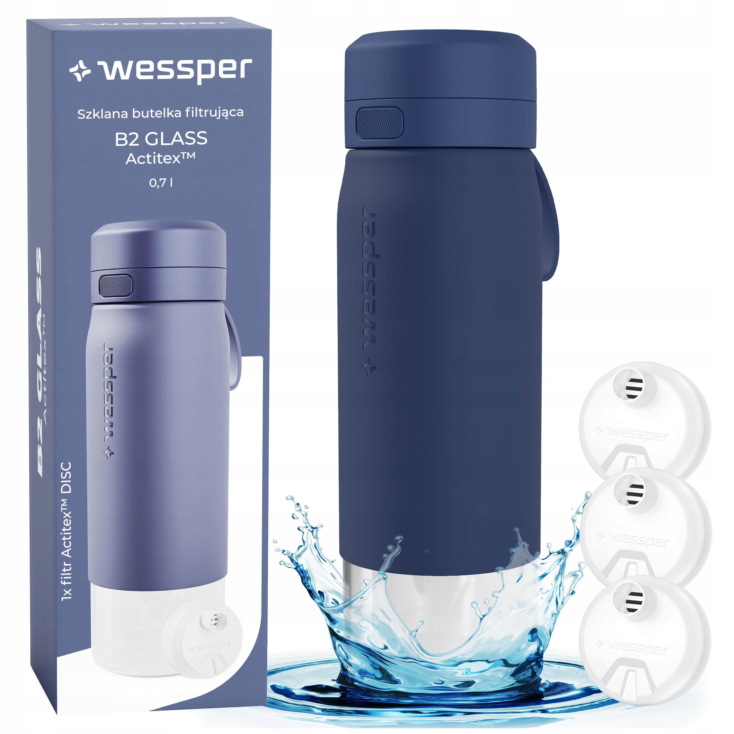 Skleněná filtrační láhev láhev na pití na vodu Wessper B2 Actitex 0,7L 3x filtr