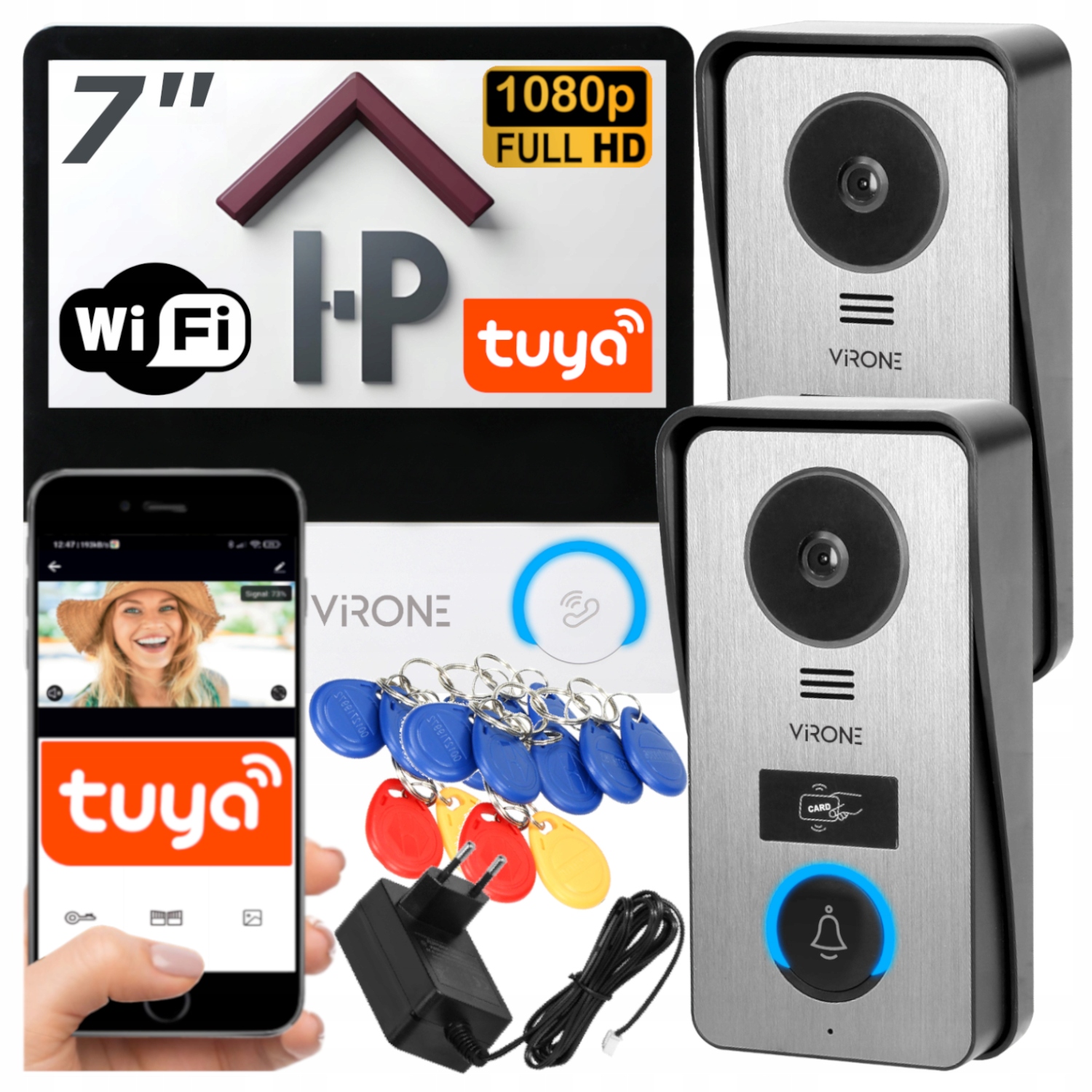 Wideodomofon Wifi Tuya 7" Czytnik Rfid Full Hd 2x Kamera Panel Zewnętrzny