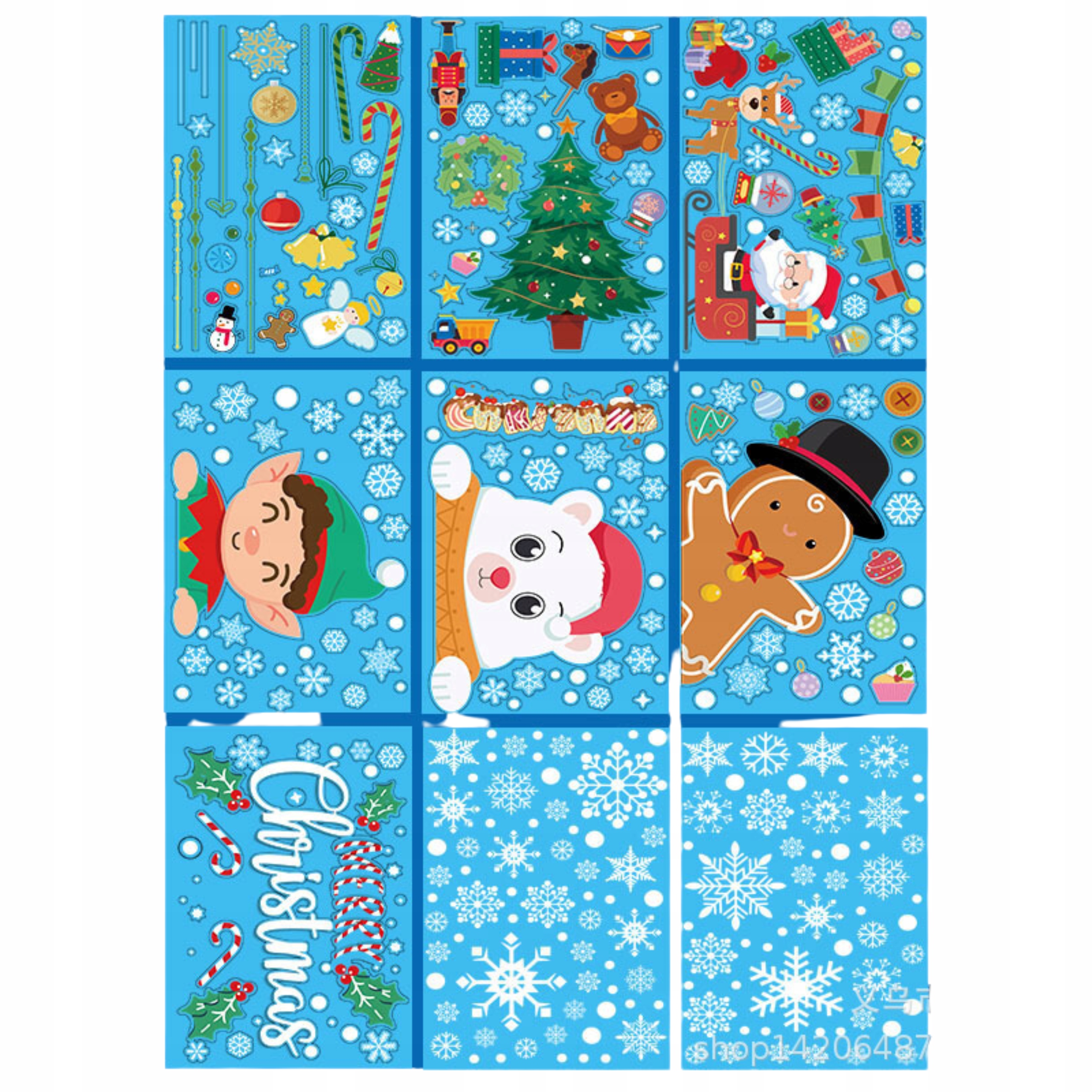 NAKLEJKI ŚWIĄTECZNE BOŻONARODENIOWE OZDOBY NA OKNO SZYBĘ Bez Kleju 9arkuszy