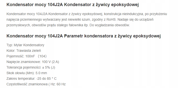 Kondensator 100nF 100v 104J2A [10szt] Kod producenta YYY