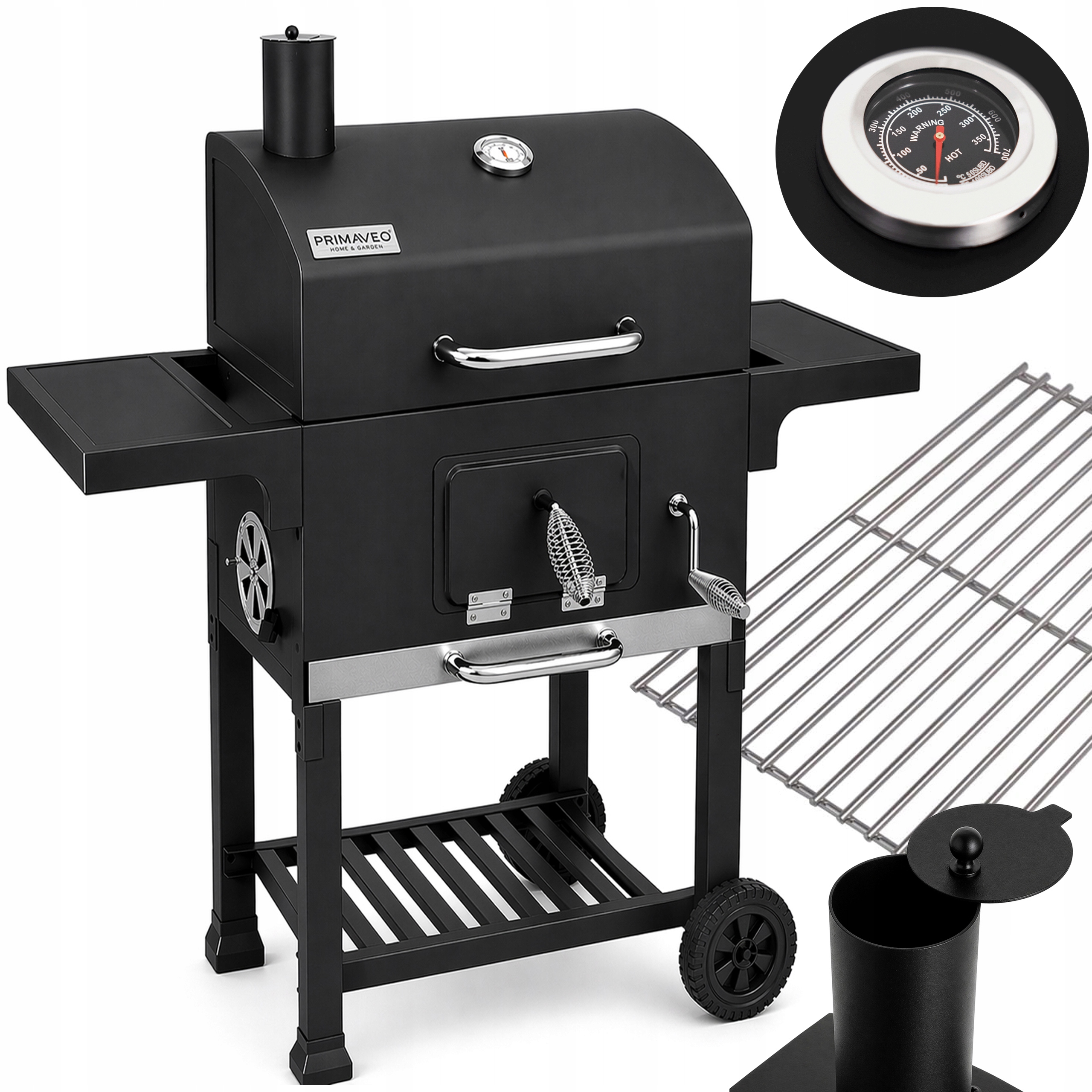 Grill Węglowy Ogrodowy Żeliwny Ruszt Duży z kominem Popielnik Termometr