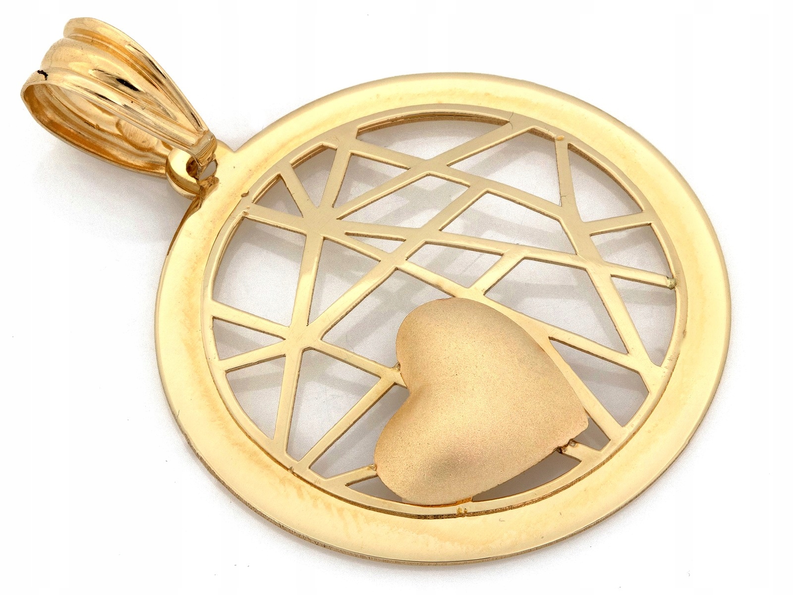 Přívěsek zlatý kulatý 585 Ažurpwe kolečko se Satinovaným srdcem 1.12 g