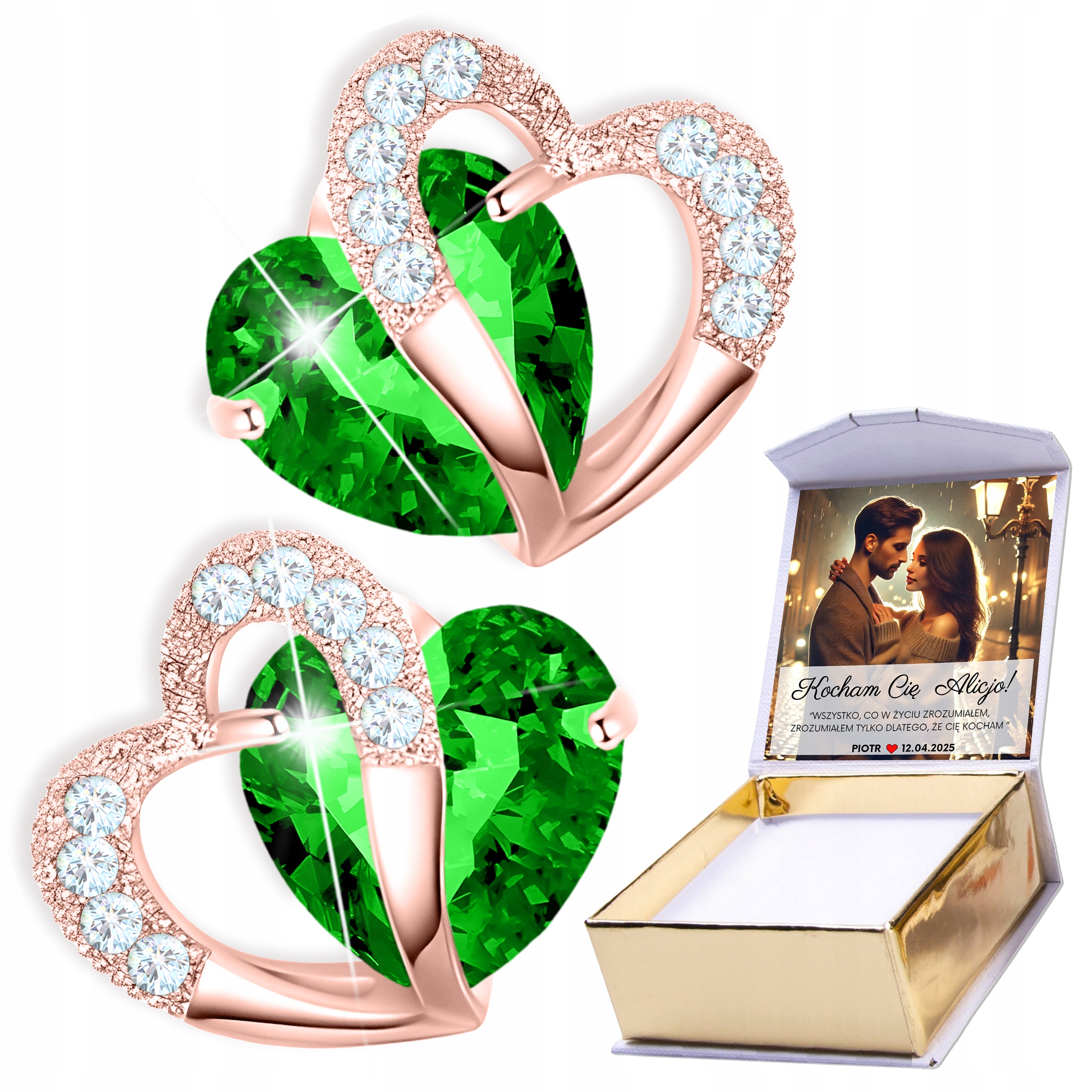 Náušnice Pozlacené 925 Velké Zelené Srdce Křišťálové s Zirkony Potisk