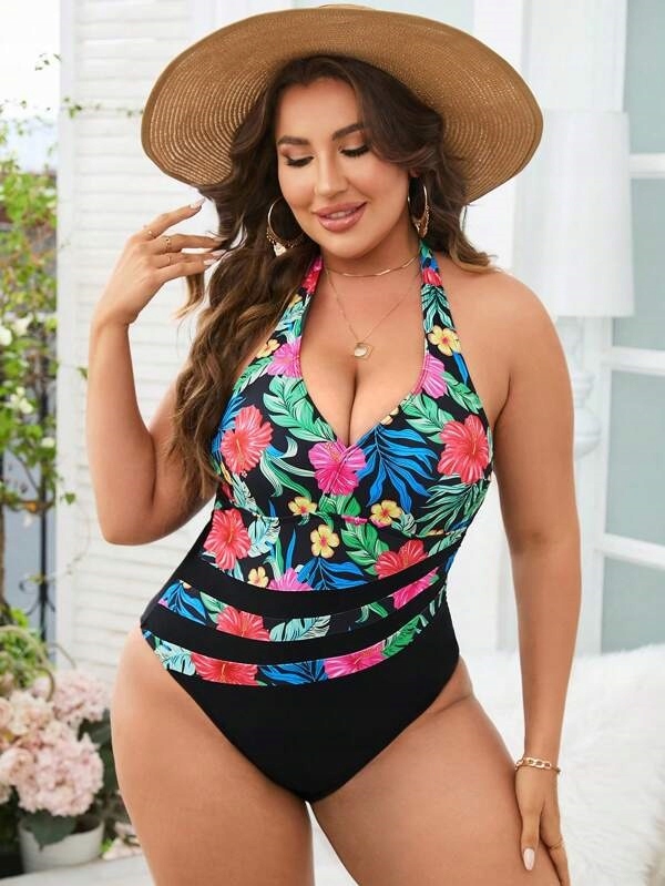 STRÓJ KĄPIELOWY JEDNOCZĘŚCIOWY PLUS SIZE NADRUK KWIATY ROZM 48 (PS9-2) Marka bez marki