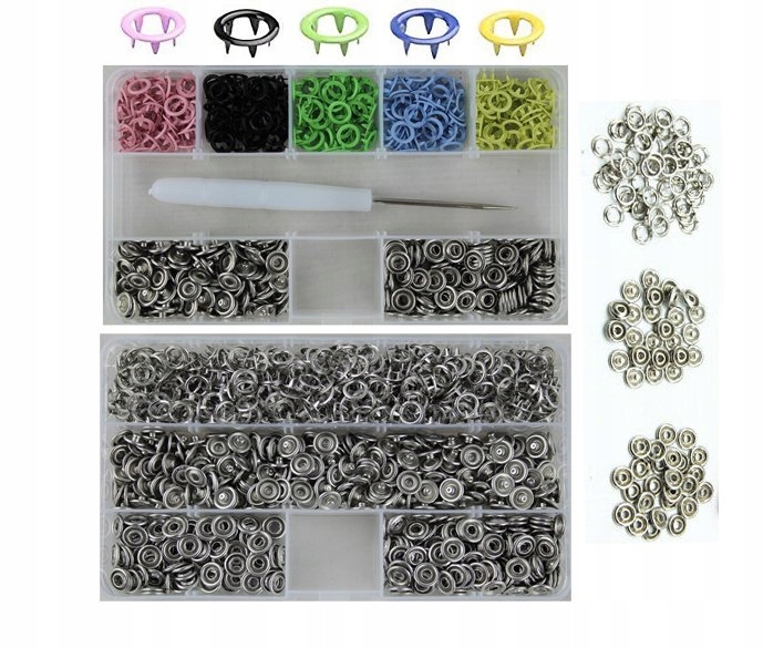 Druky Cvoky 350 Ks. 9,5mm Barevné Stříbrné Kovové Krabička