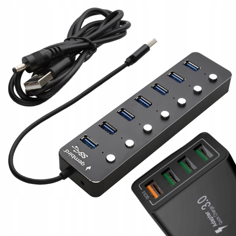 Usb Hub 3.1 7v1 s aktivními porty a přepínači kabel napájecí adaptér kostka