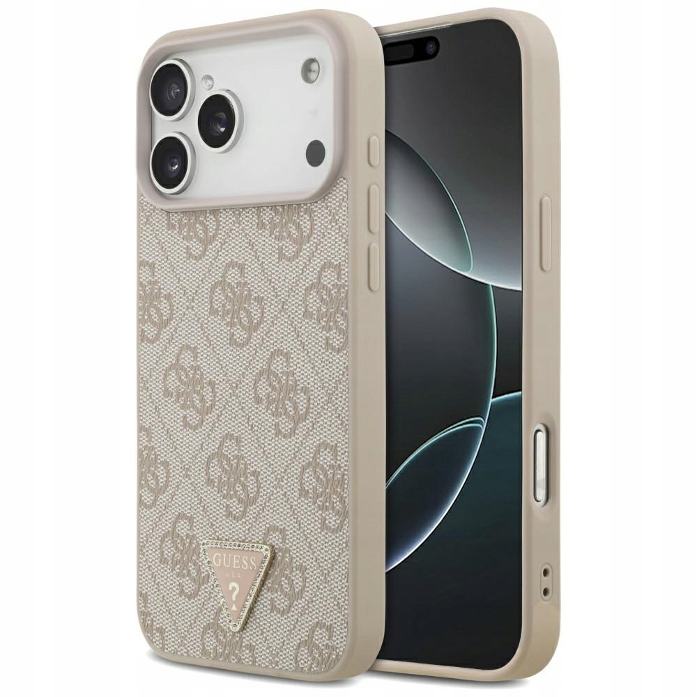 Pouzdro Guess Leather 4G Triangle Strass MagSafe pro iPhone 17 Pro Max, růžové