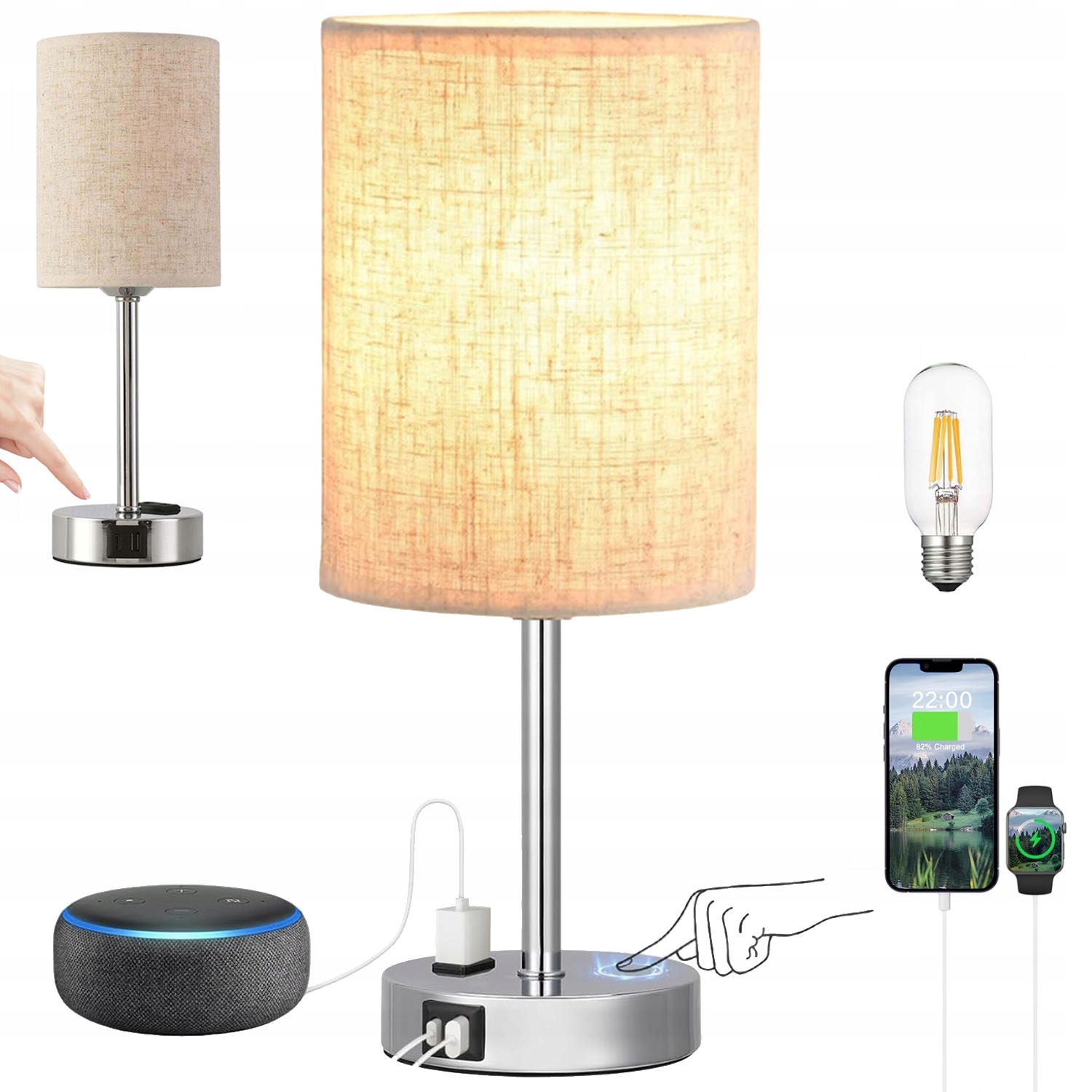 LAMPKA NOCNA LED METALOWA DOTYKOWA 3 TRYBY USB 3000K 230V