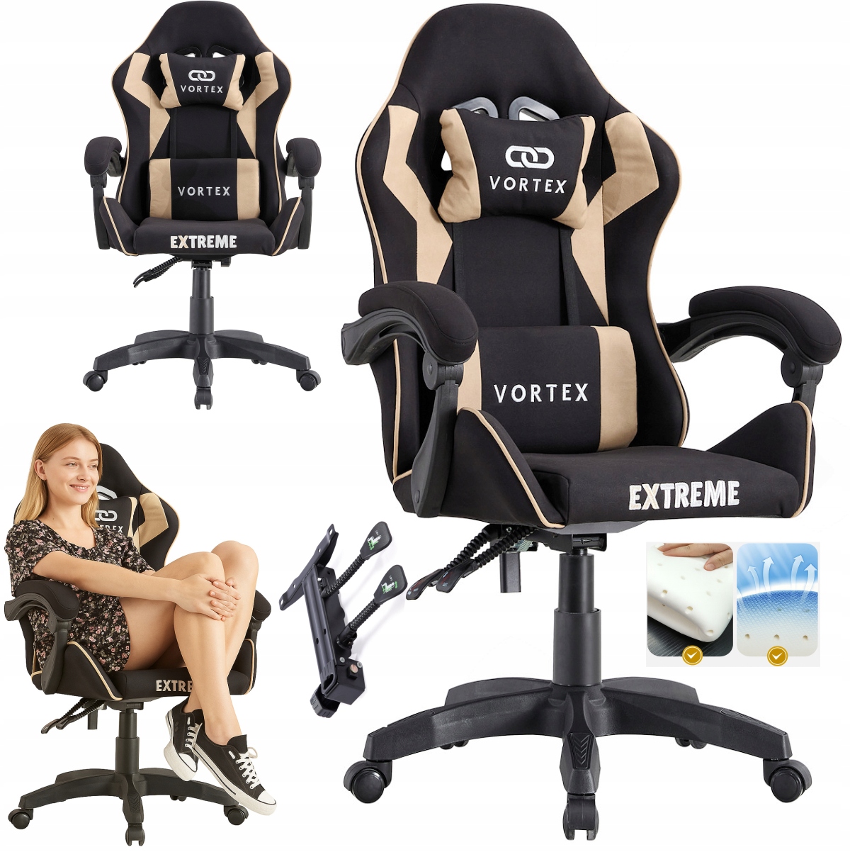 Fotel Gamingowy Materiałowy Obrotowy Etreme Vortex Czarny Beż Do Biurka