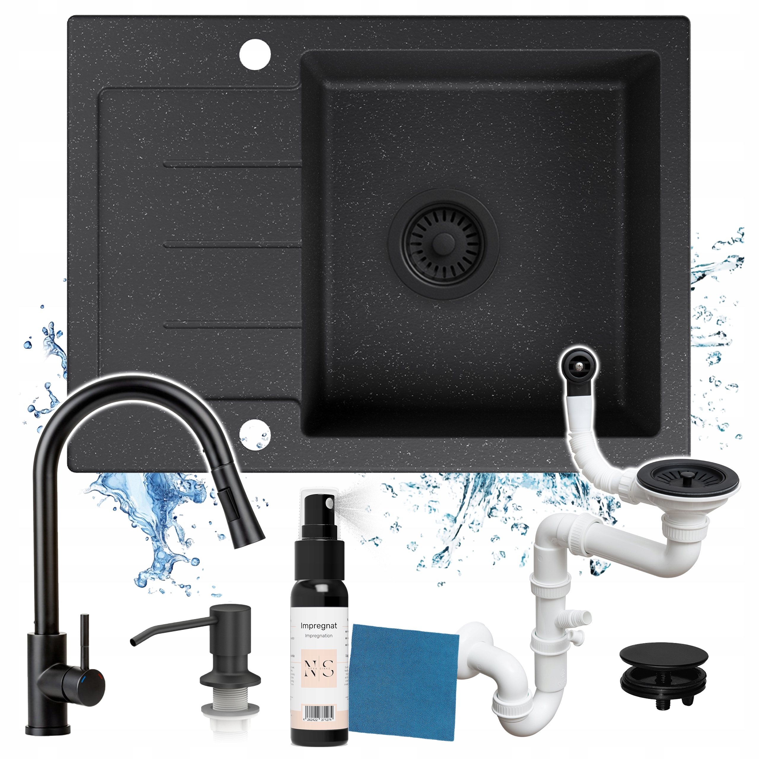 Set 7v1 Dřez Jednokomorový Baterie Sifon 60.2x44.2