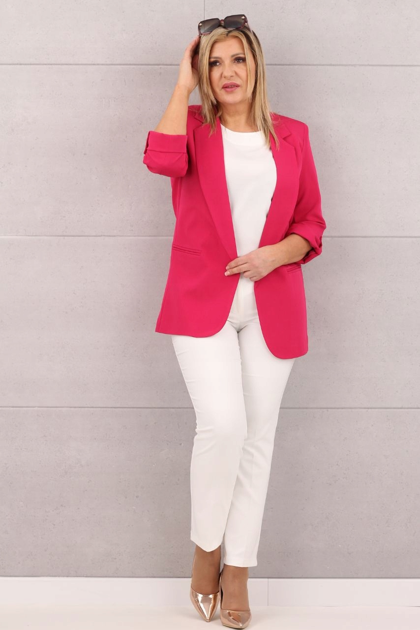 ŻAKIET MARYNARKA DŁUGA ELEGANCKA GŁADKA POLSKI PRODUCENT ROZMIARY Odcień fuksja