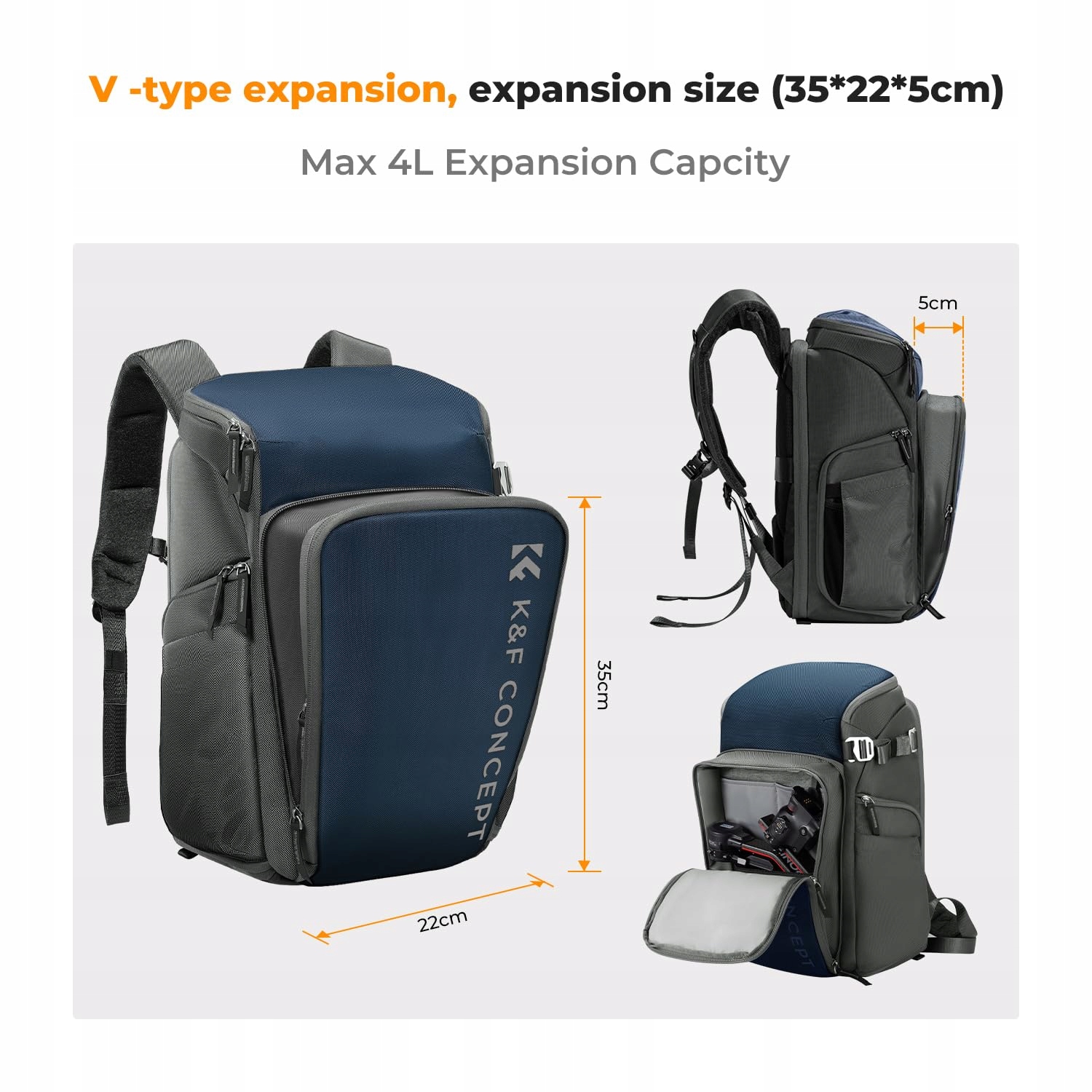 K&F CONCEPT Plecak Na Aparat Z Przegrodą Na Laptopa 16 Calowy 25L Niebieski — miniatura 5