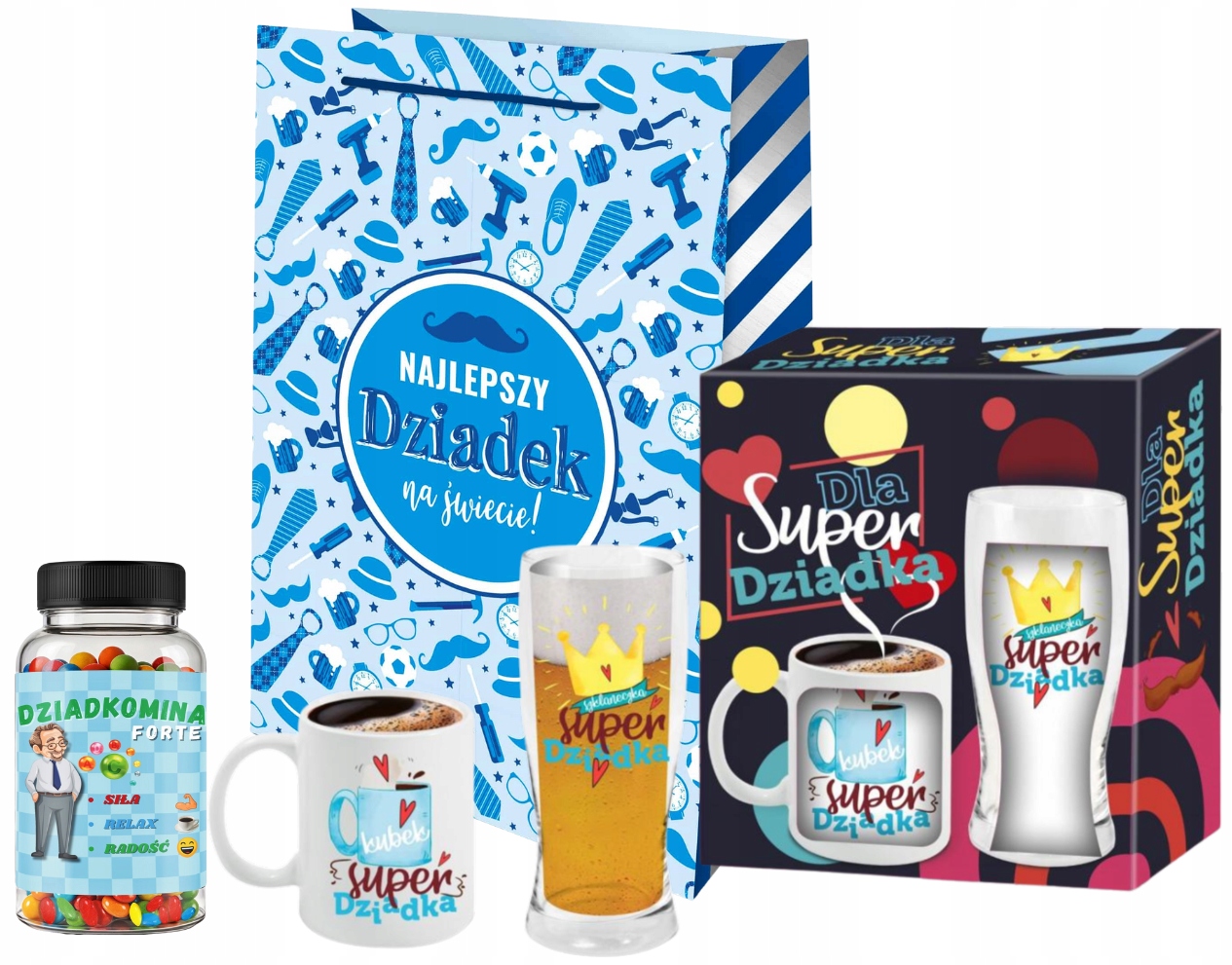 Set Hrnek Pivní Sklenice Sladkosti, Taška Dárek pro Dědečka ke Dni dědečka