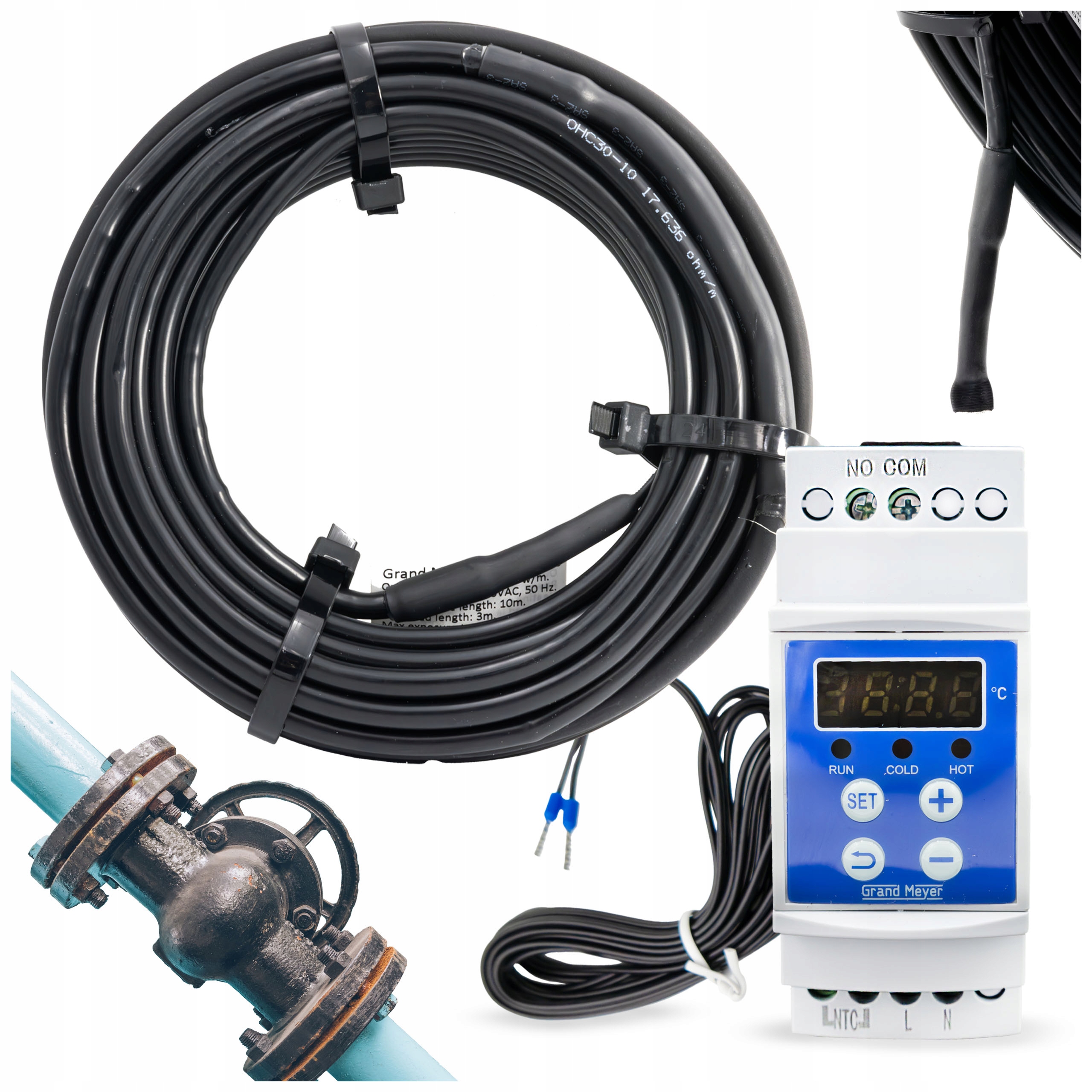 Przewód Kabel Grzejny 60m Zewnętrzny 30W/m Przeciw Zamarazniu Rur Termostat