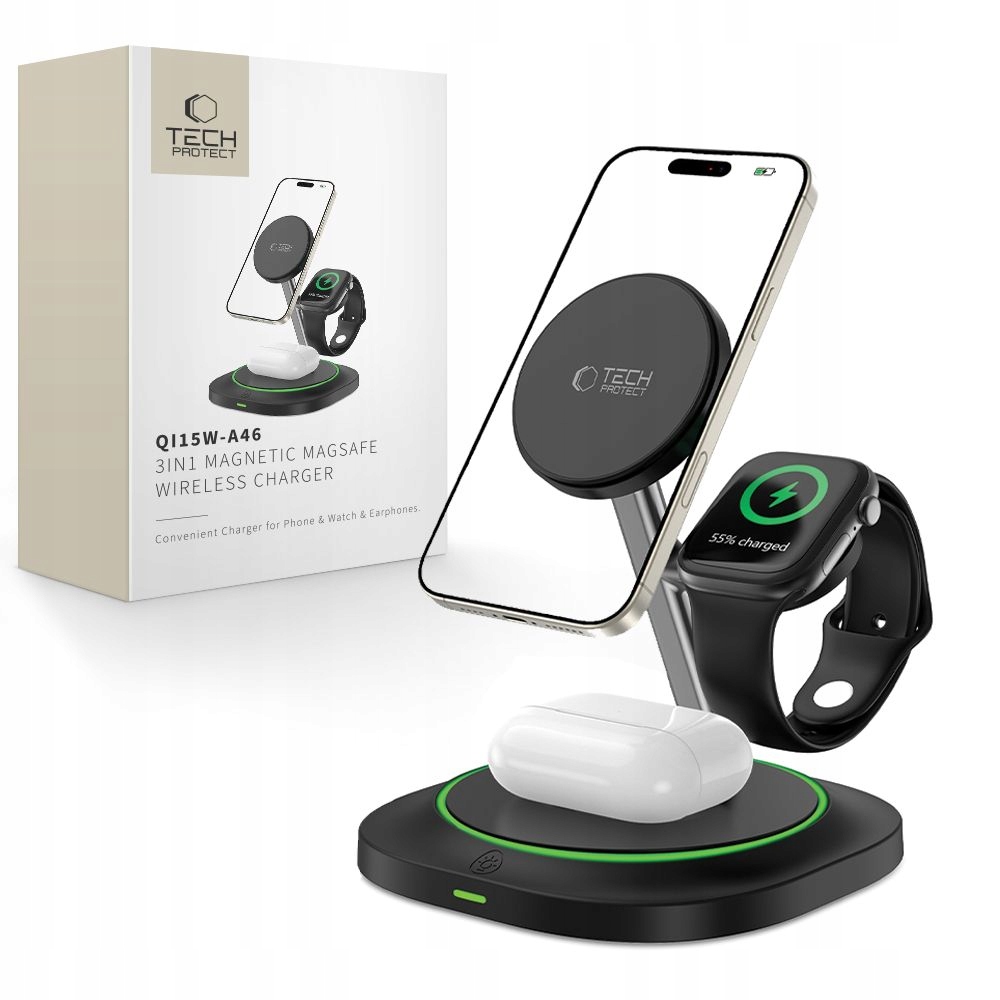 Tech-protect QI15W-A46 3v1 Magnetická Bezdrátová Nabíječka MagSafe Černá