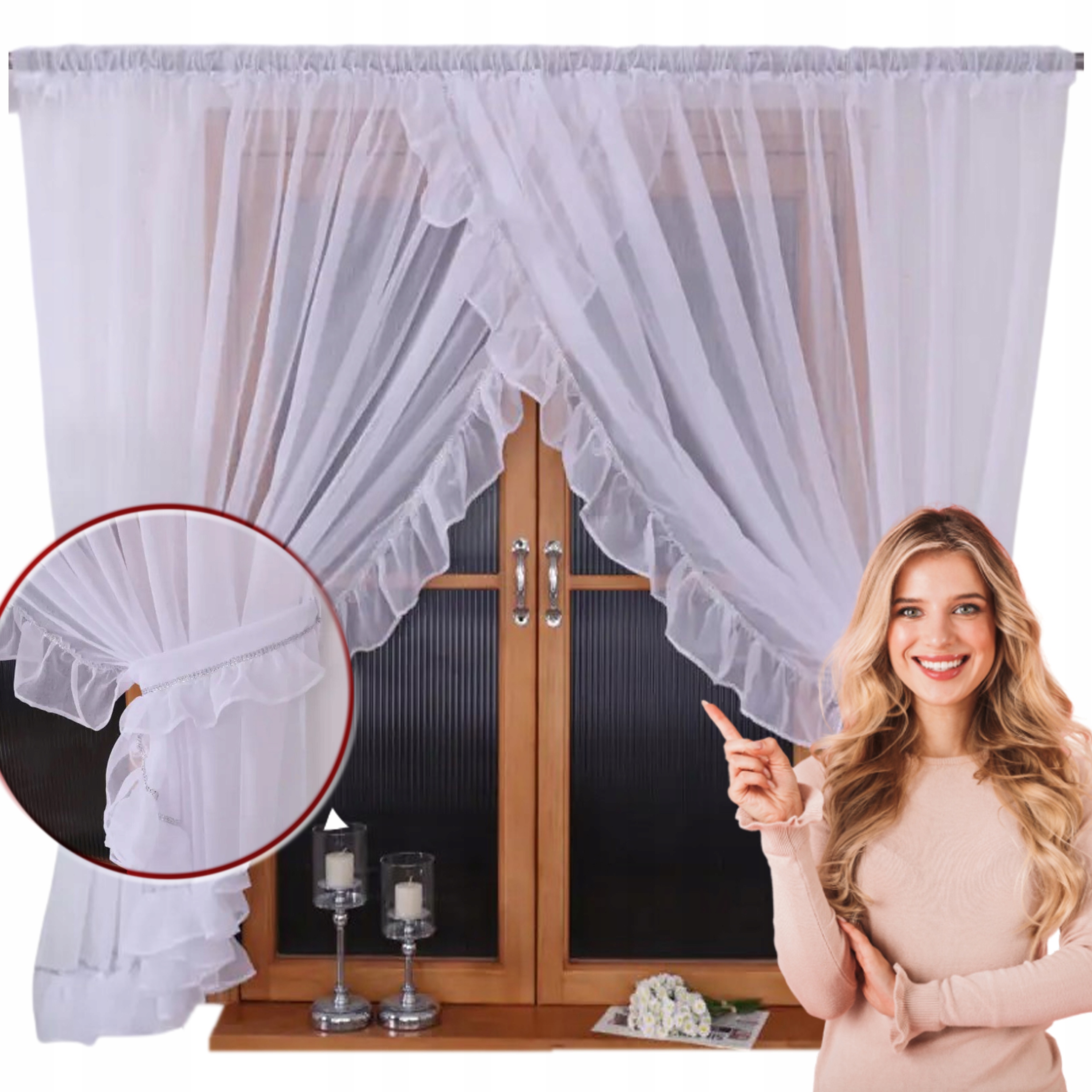 Firana Biała Gotowa Z Etaminy Z Falbanką I Cyrkoniami 400x160 CM Na Taśmie