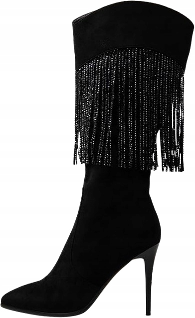 Zimní Černé Kozačky Na Podpatku S Třásněmi Ke Kolenům 37 Jža