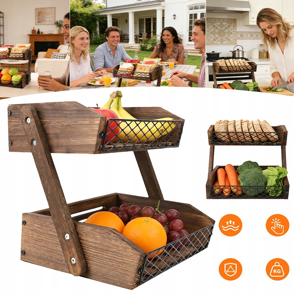 Dřevěný Dvouúrovňový Organizér S Hnědým Kovem Na Ovoce A Zeleninu